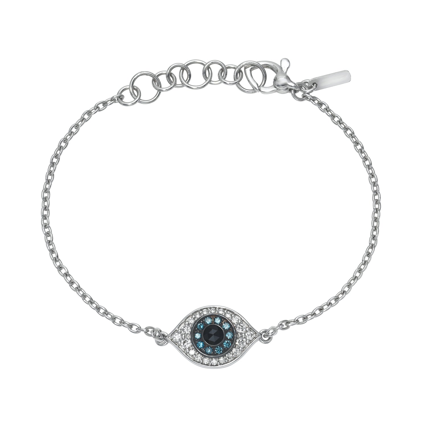 Discover the elegance of the Blue Diamond Evil Eye Bracelet by janethellerfinejewelry, featuring a central eye-shaped pendant with a striking black and blue stone, surrounded by sparkling clear stones. An adjustable clasp offers customization for the perfect fit.