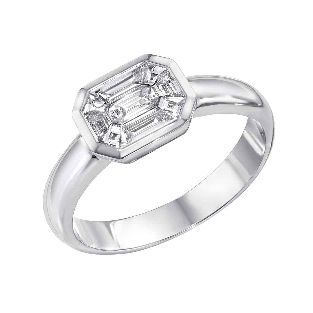 The Diamond Athena Ring features an octagonal, emerald-cut diamond set at the center of a simple silver band, shown against a plain white background. For custom sizing or to preorder the Diamond Athena Ring, please contact us.
