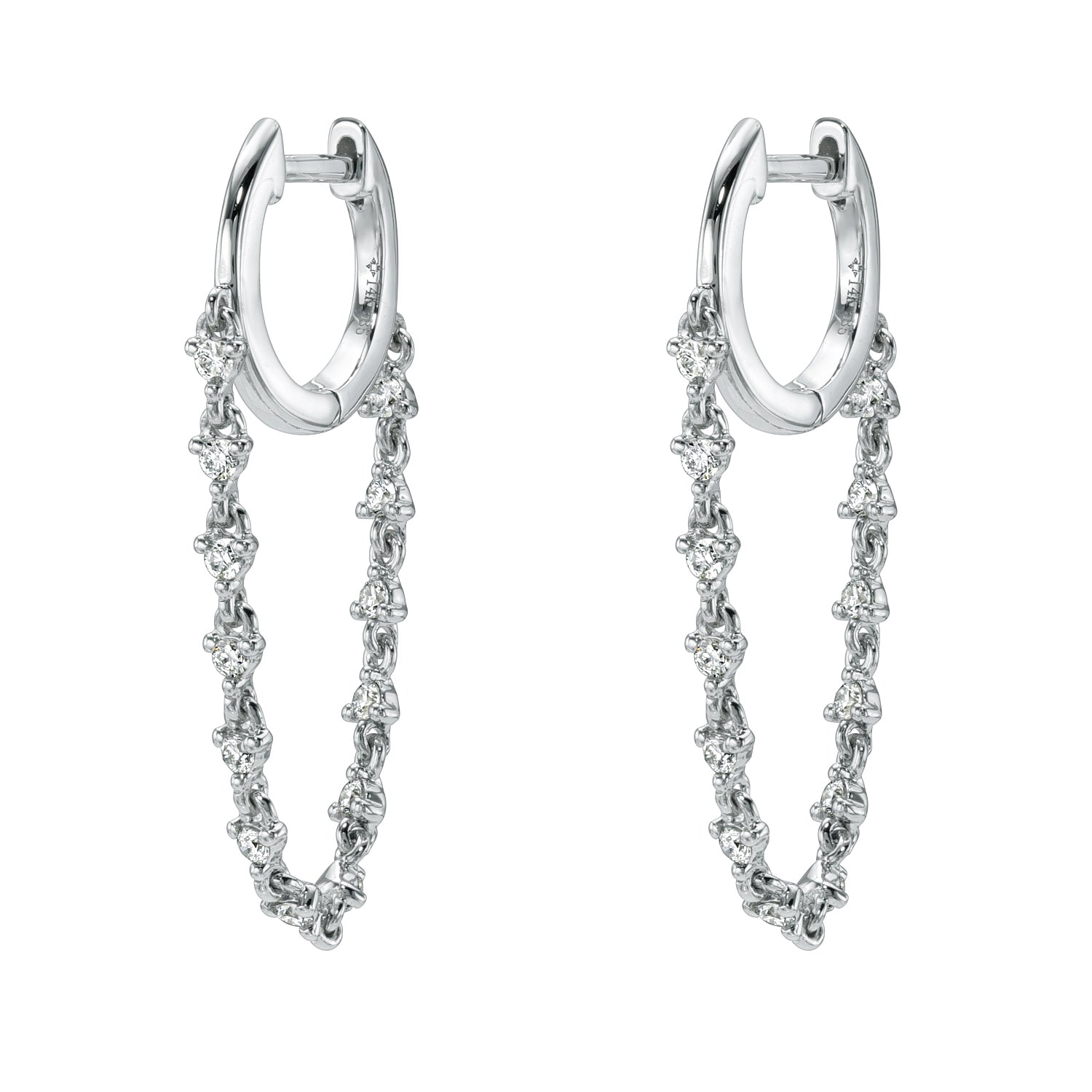 Diamond Cascade Drop Huggies—silver hoop earrings featuring dangling chains adorned with small, sparkling clear gemstones—are shown on a plain white background, exemplifying the elegant craftsmanship of Janet Heller Fine Jewelry.
