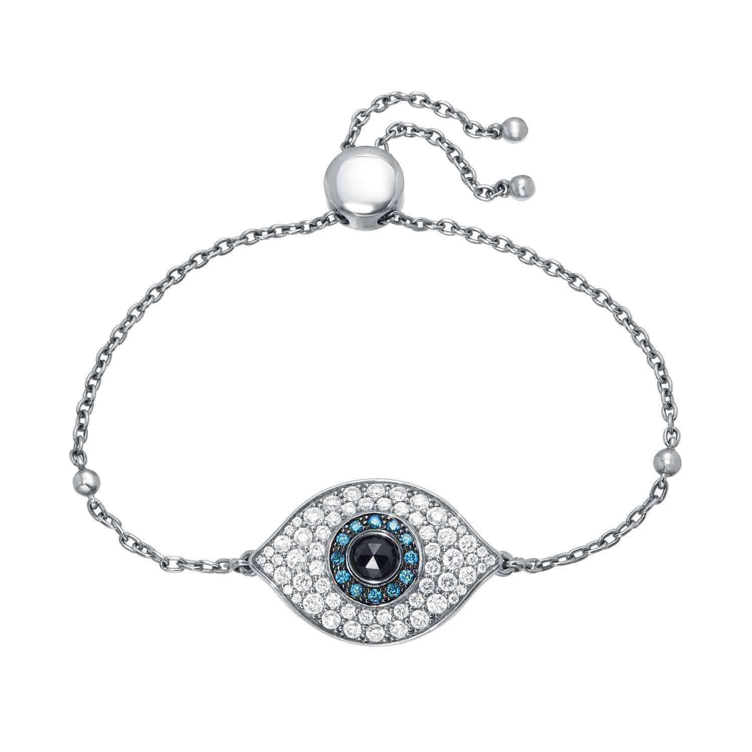 Diamond Evil Eye Bolo Bracelet with an adjustable clasp, featuring an eye-shaped charm adorned with clear, blue, and black stones arranged to resemble an eye.