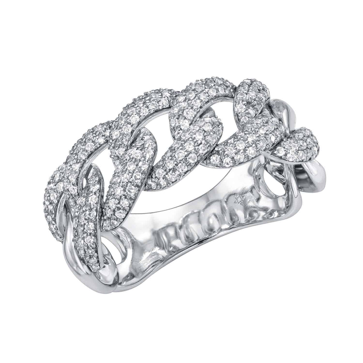 Introducing the Diamond Hunter Ring—a striking silver ring featuring a chain-link design, adorned with small, sparkling diamonds across the top and sides. This exquisite piece of fine jewelry is available for preorder in your preferred ring size.