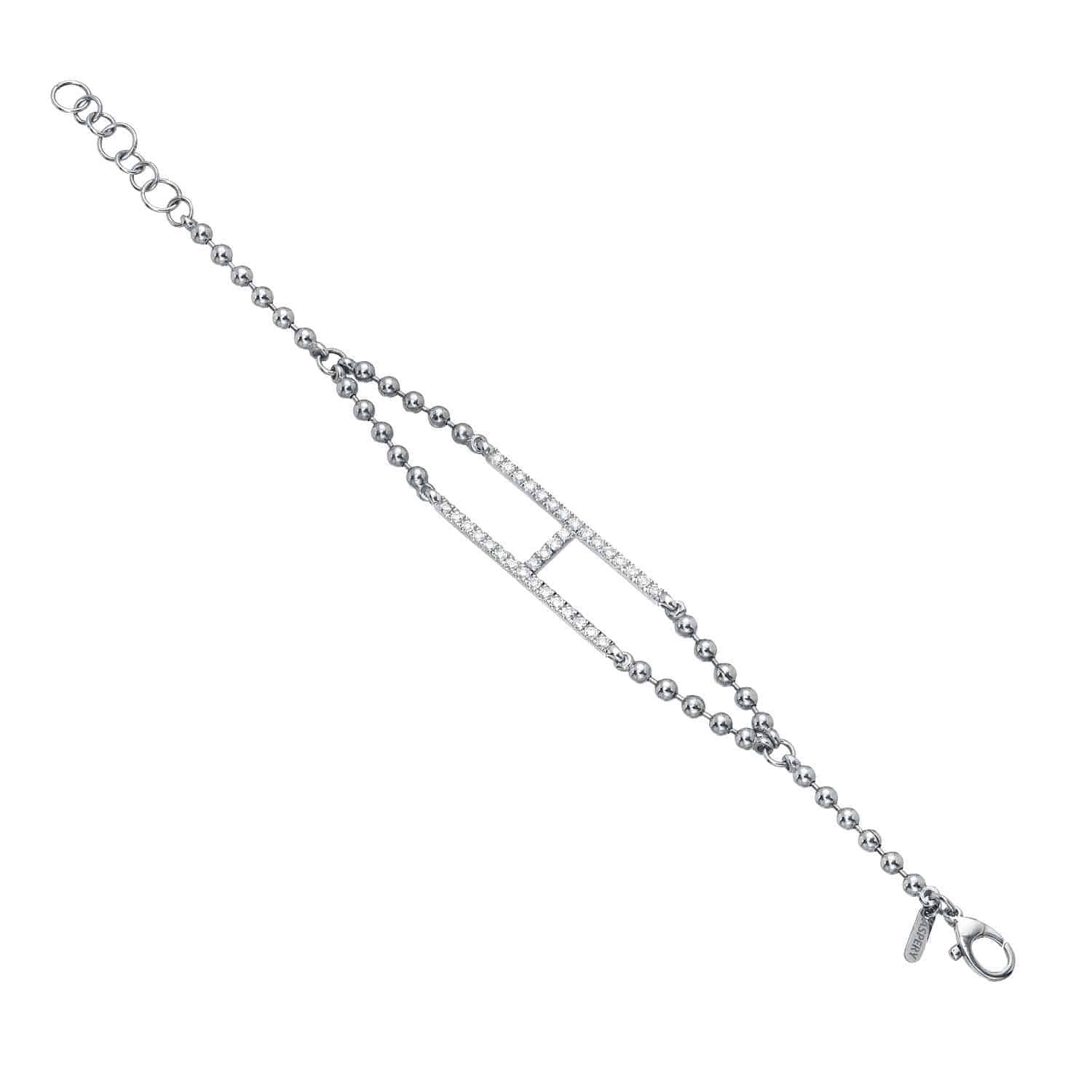 Preorder the Diamond Initial Victoria Bracelet, a stunning silver piece with a large rectangular crystal-embellished centerpiece, a chain of round beads, an adjustable clasp, and a petite tag charm engraved with your chosen letter.