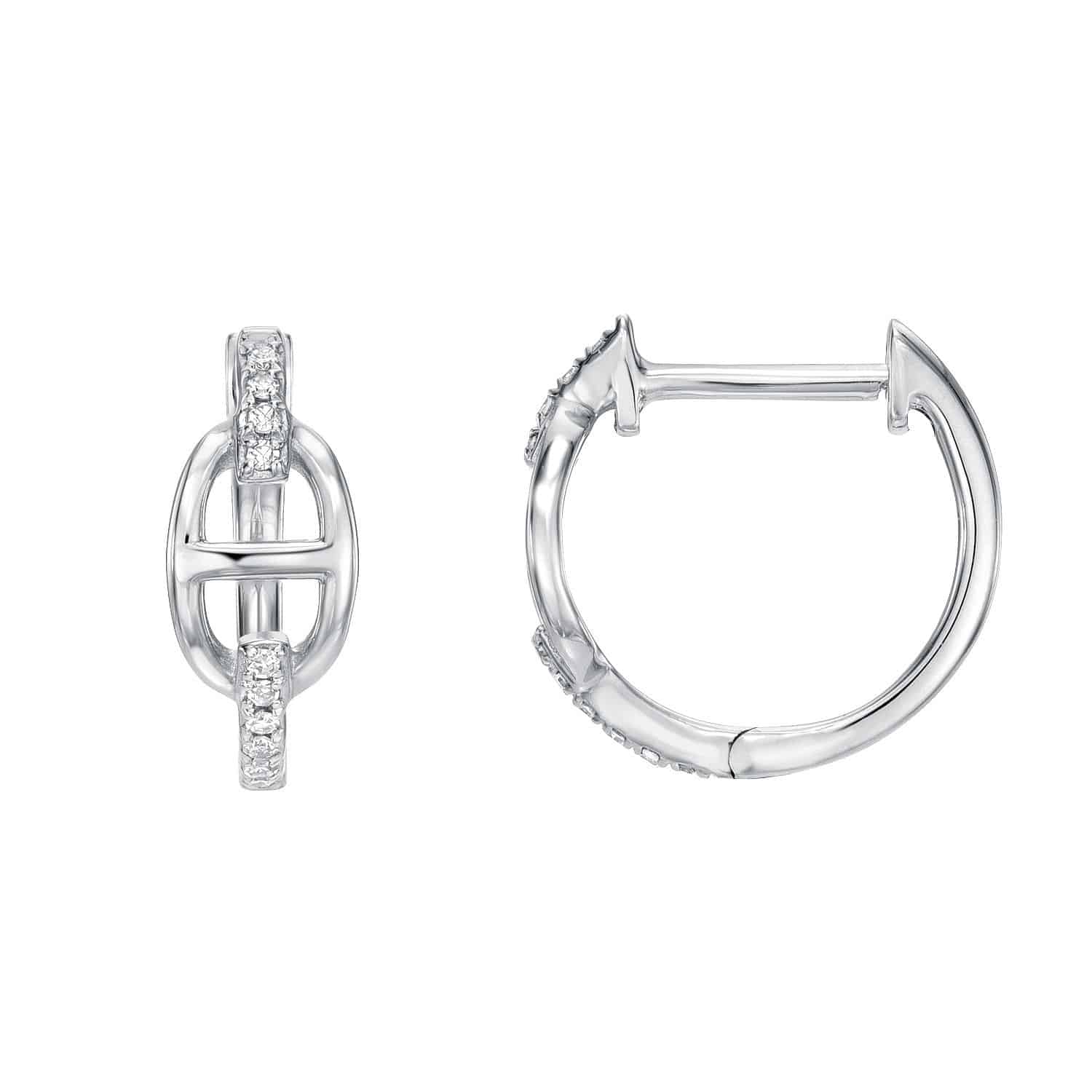 Diamond Link Evie Huggies — a pair of silver huggie earrings featuring a geometric design and small, embedded clear gemstones, shown from the front and side against a white background. For custom jewelry requests or inquiries, please contact Janet Heller Fine Jewelry.