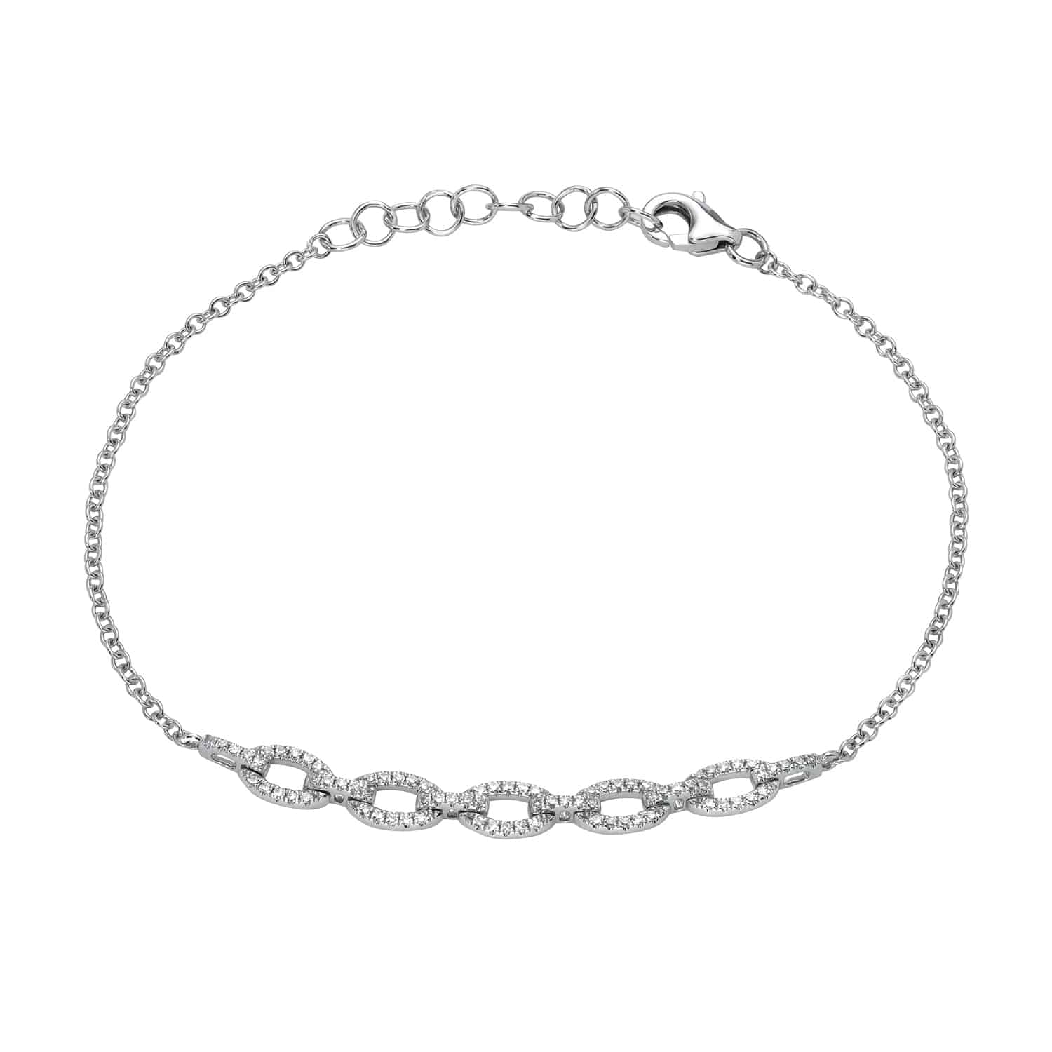 The Diamond Link Shay Bracelet from Janet Heller Fine Jewelry is a delicate silver piece with a fine chain and interlocking textured loops at the center. It features an adjustable clasp for flexibility and embodies an elegant, minimalist design.