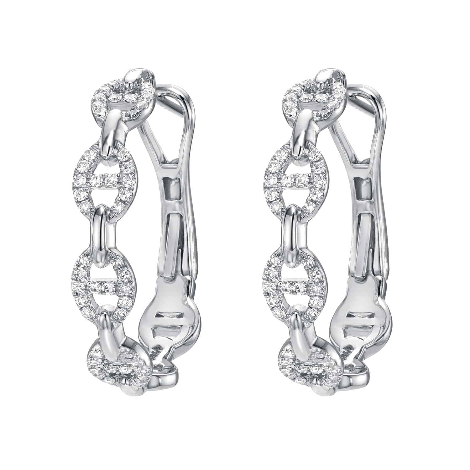 The Diamond Matilda Hoops showcase exquisite jewelry design with a linked chain pattern adorned with small diamonds for a sparkling effect. Their visible back clasps enhance their unique appeal, making them a standout addition to any collection.