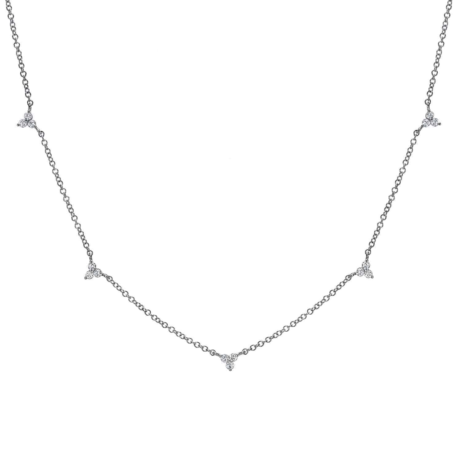Certainly! Here is the rewritten sentence using the provided product data: The Diamond Penelope Necklace (NEC-332-W) features a delicate silver chain adorned with five evenly spaced triangular clusters of sparkling white diamonds, offering a minimalist and elegant design—a stunning piece of fine jewelry priced at $620.00.