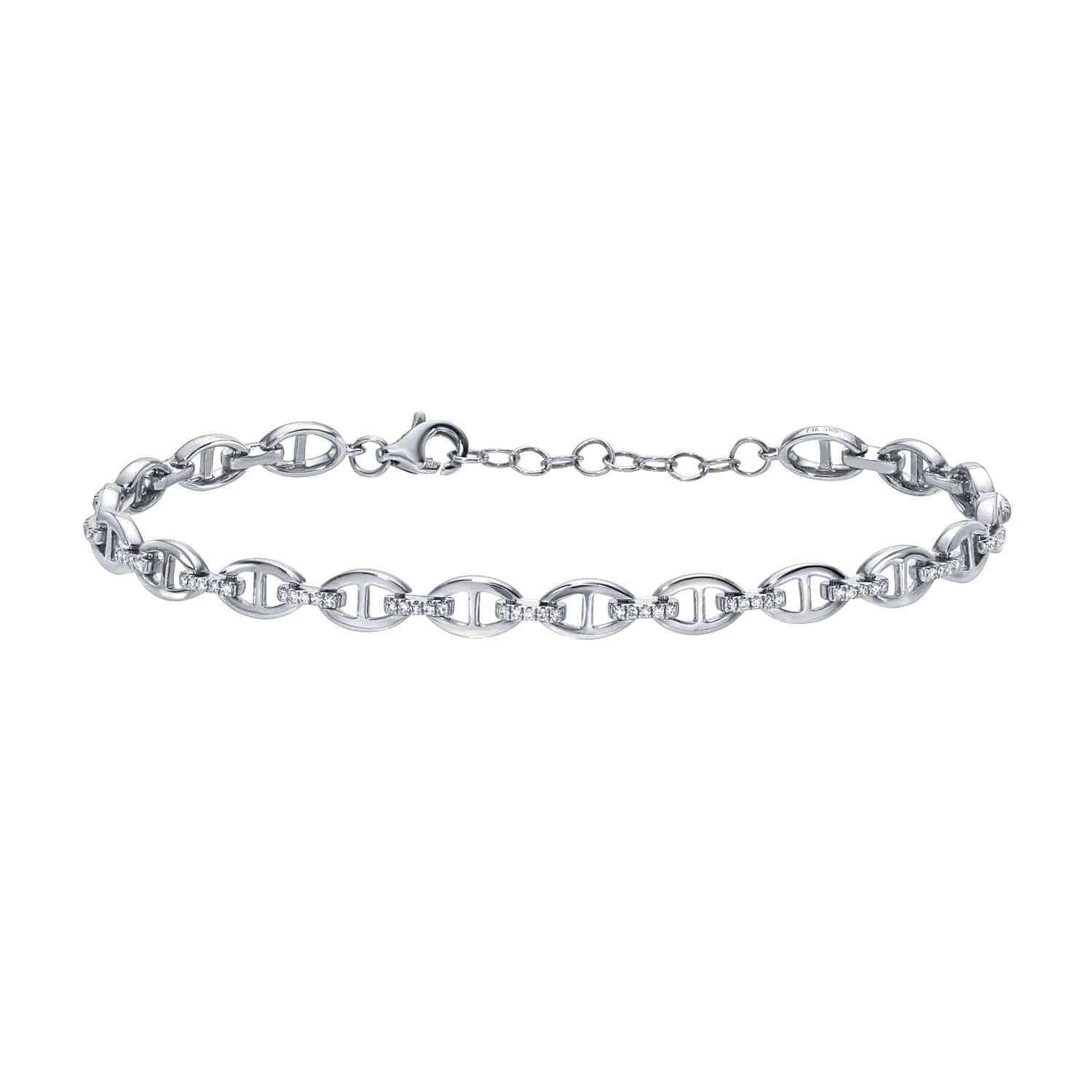 The Diamond Pheobe Bracelet, priced at $1,528.00, is elegantly displayed on a white background—an exquisite example of custom jewelry from Janet Heller Fine Jewelry. This stunning silver chain bracelet features oval and bar-shaped links with a lobster clasp and an adjustable extension for perfect sizing.