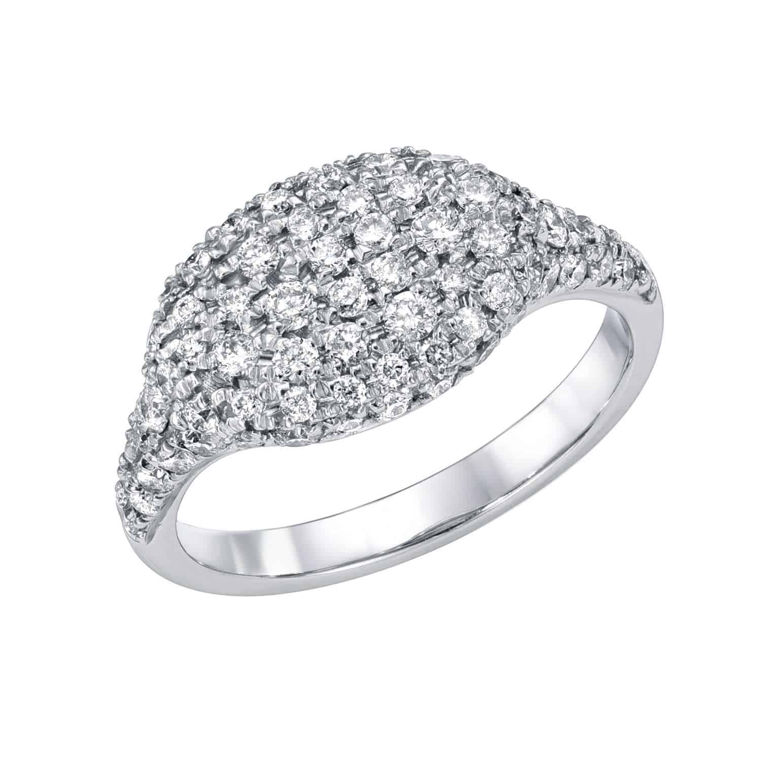 The Diamond Signet Pinkie Ring from Janet Heller Fine Jewelry is crafted in 14KT gold. The band showcases an oval top encrusted with diamonds.