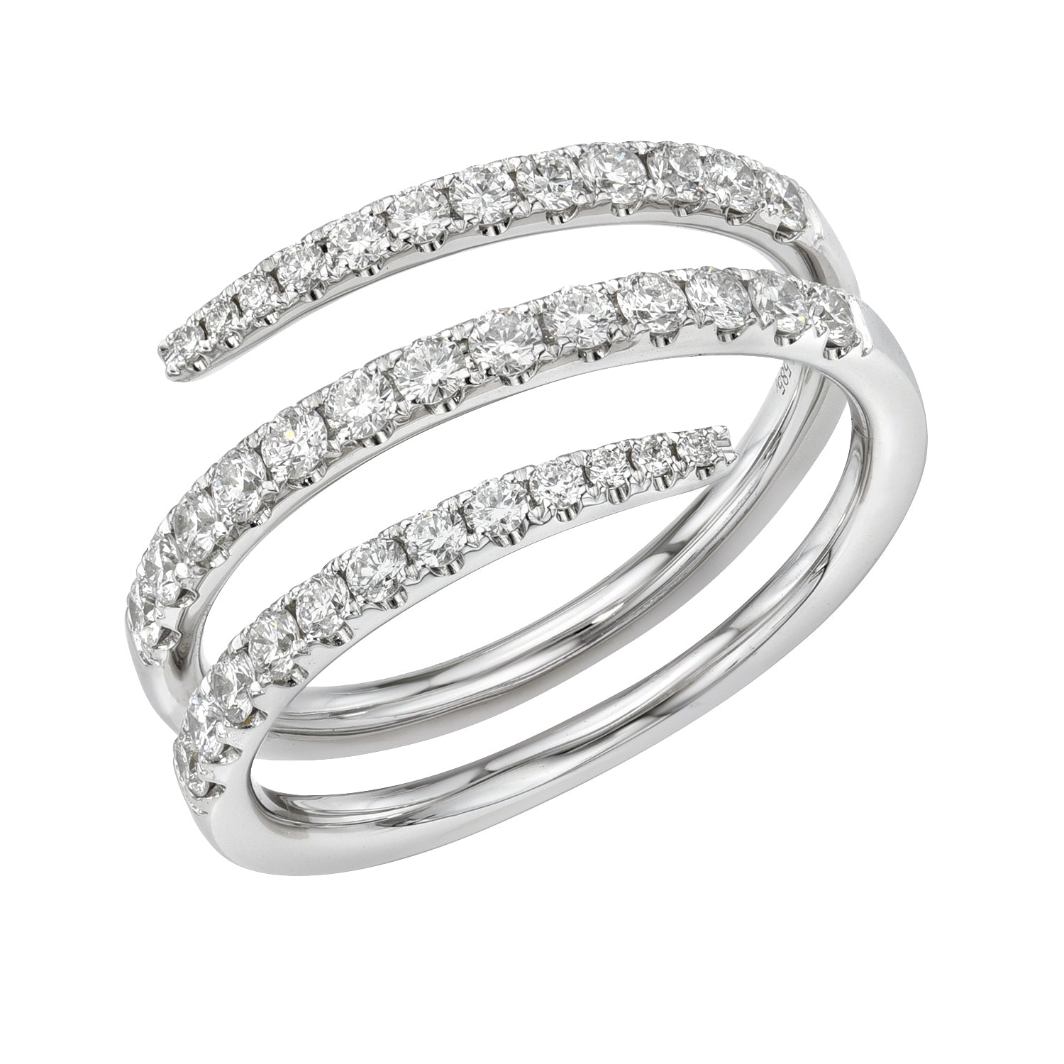 The Diamond Spiral Ring features three overlapping silver bands, each encrusted with sparkling white diamonds. With elegantly curved bands, this fine piece offers a modern, luxurious look against a plain white background. Preorder now to enhance your jewelry collection.