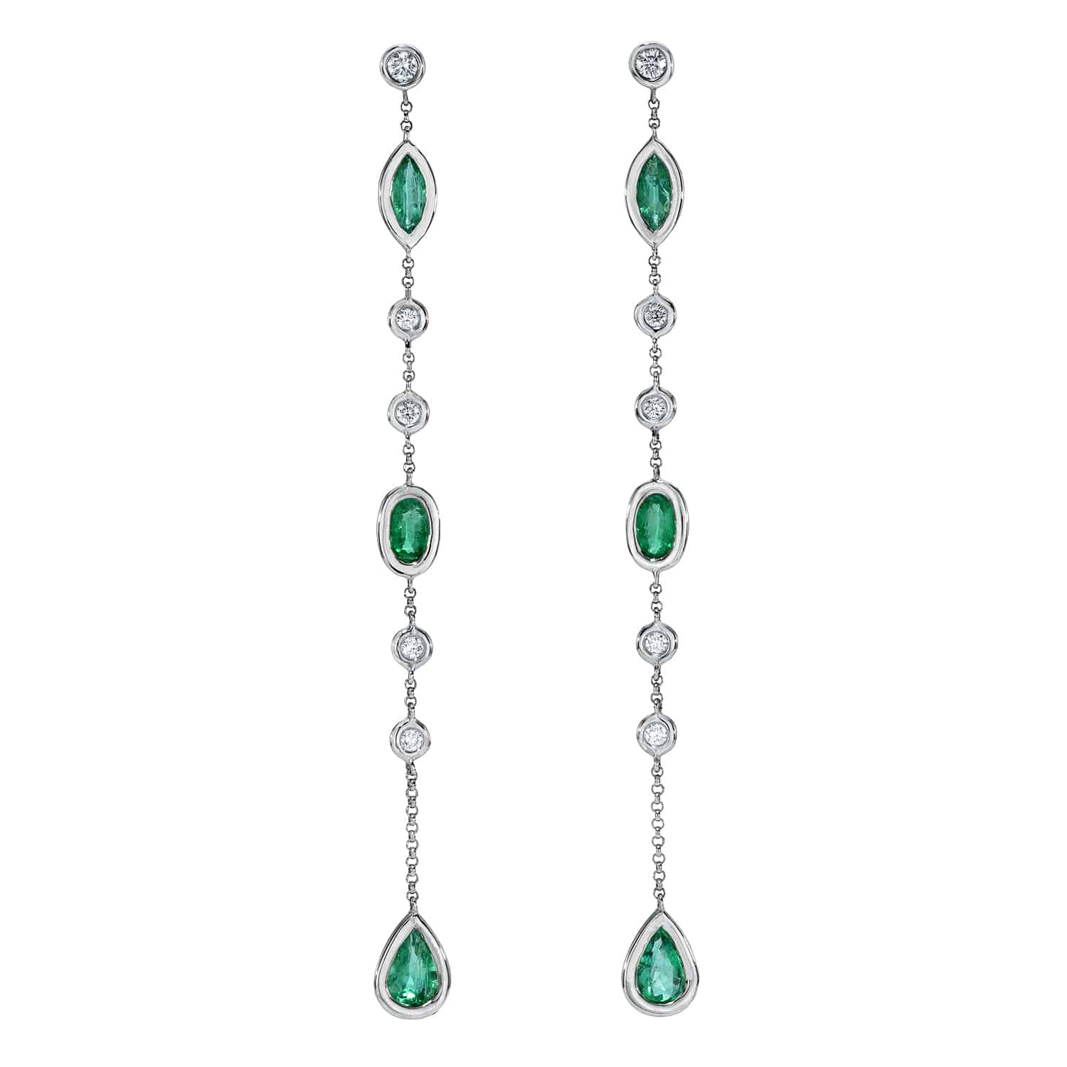 Emerald & Diamond Dangle Earrings featuring a long silver drop design, adorned with alternating round diamonds and vivid green emeralds in marquise, oval, and pear shapes set along a delicate chain.