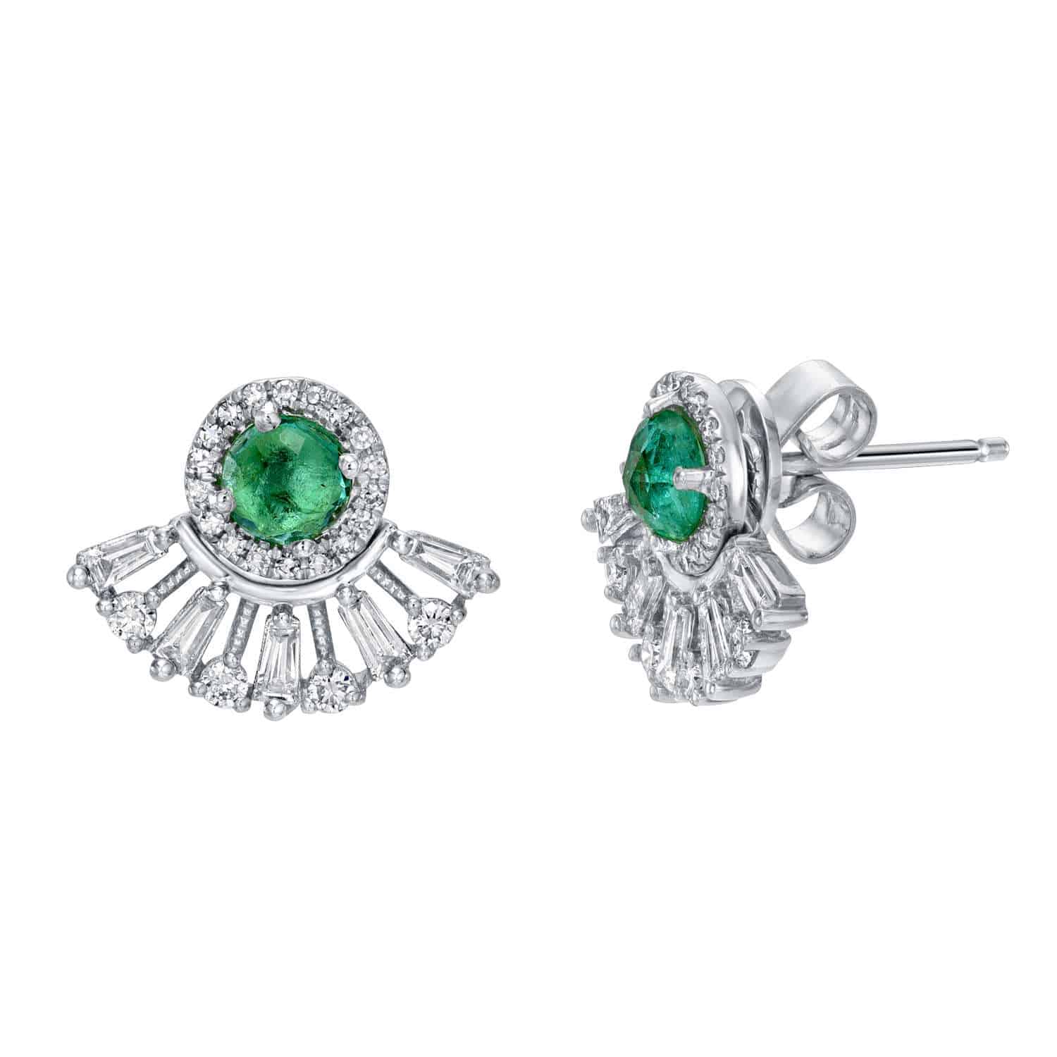 Emerald & Diamond Fan Studs—an elegant pair of silver earrings from Janet Heller Fine Jewelry featuring round green emerald centers, encircled by small clear diamonds and accented with fan-shaped baguette-cut stones.