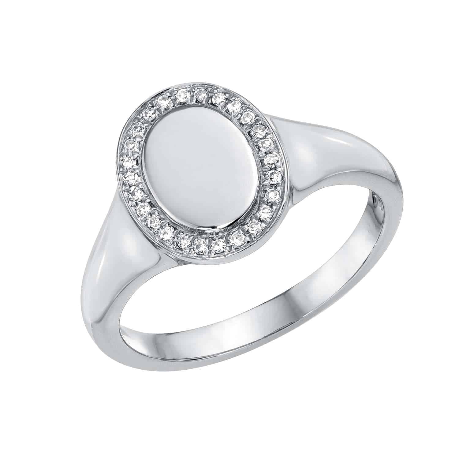 Engravable Freya Ring featuring a silver band with an oval-shaped center, bordered by small clear gemstones, displayed on a plain white background. Available for preorder in your custom ring size.