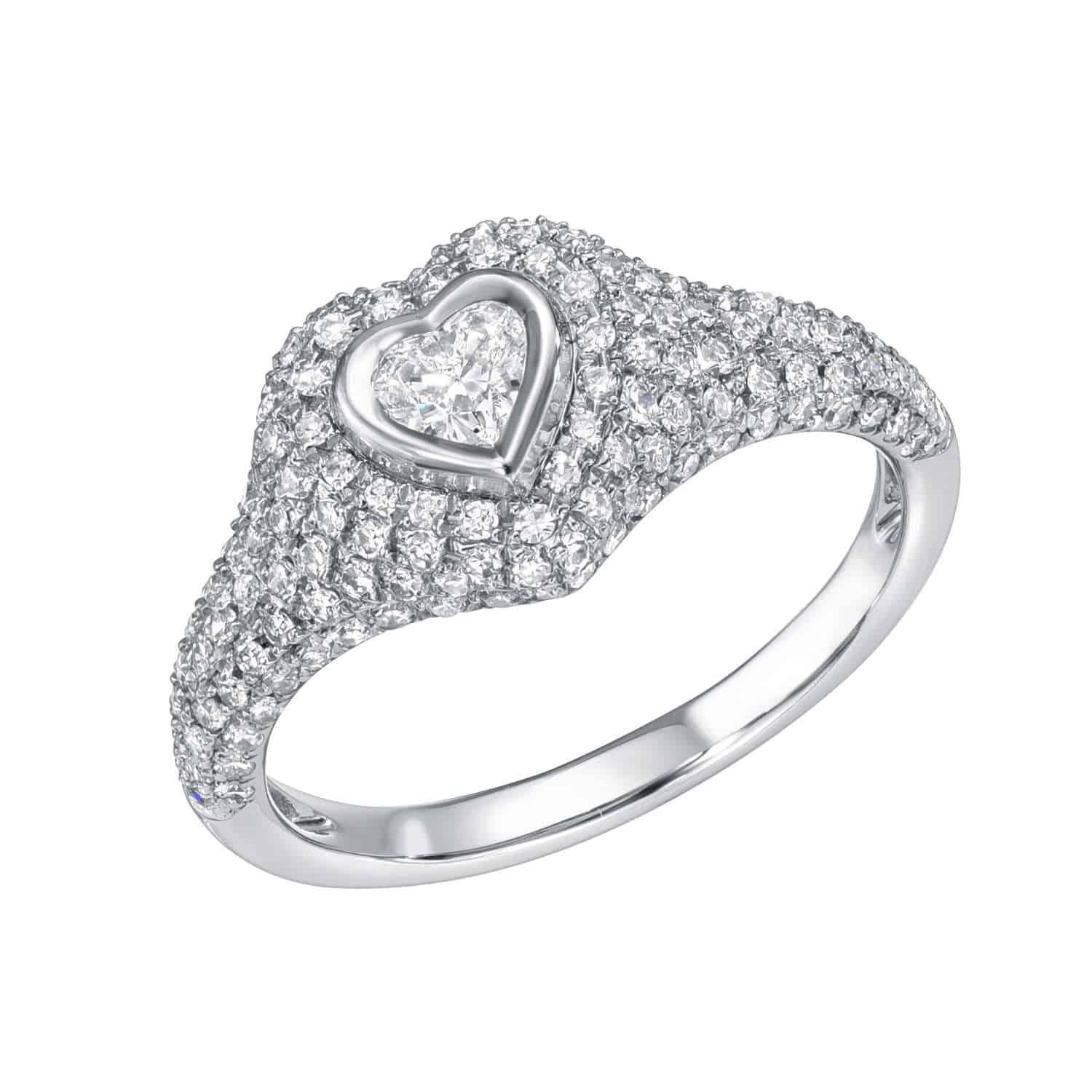 Preorder the Heart Diamond Pinkie Ring, featuring a central heart-shaped design adorned with small round diamonds. This fine jewelry-style silver band tapers slightly toward a raised centerpiece surrounded by sparkling stones.