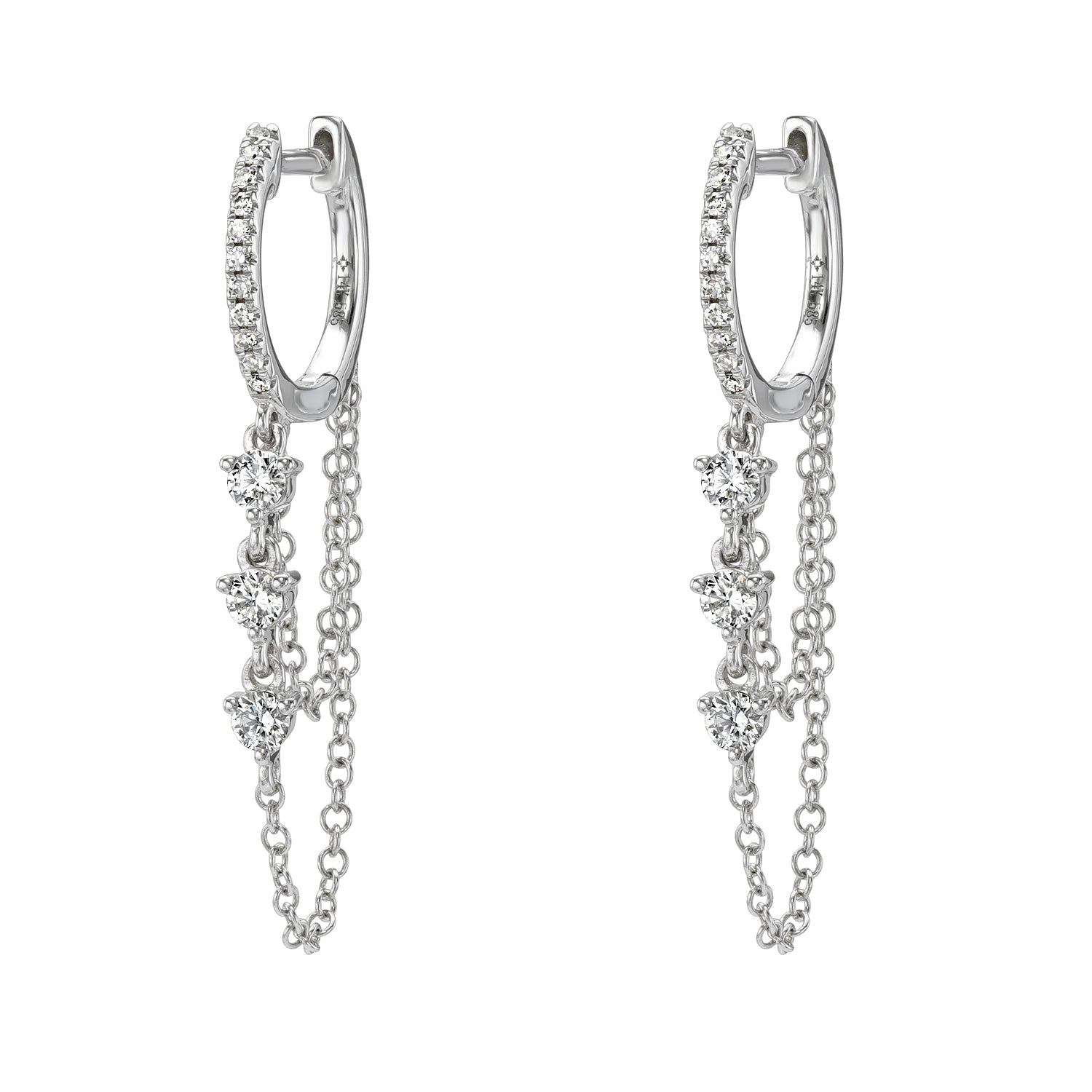 The Layered Diamond Chain Huggies are fine jewelry silver hoop earrings featuring small clear gemstones and two delicate chains with additional sparkling stones. Ideal for customizations or bespoke design inquiries.