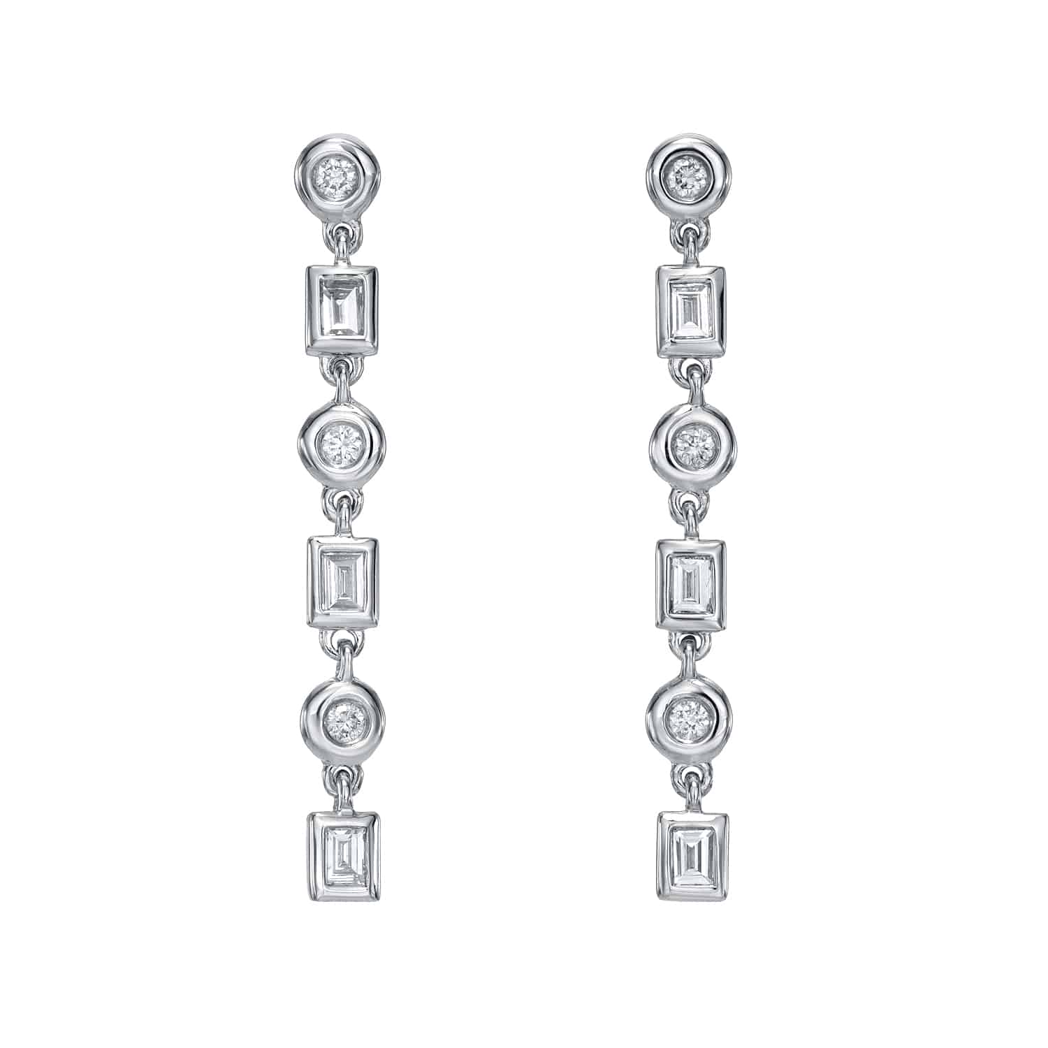 Introducing the Leilani Earrings from Janet Heller Fine Jewelry’s exquisite collection (SKU: EAR-436-W, $733.00). These silver drop earrings feature alternating round and rectangular clear gemstones, each elegantly set in a bezel setting and arranged vertically to create a sleek, modern silhouette. Exemplifying both contemporary elegance and timeless sophistication, the Leilani Earrings are beautifully showcased against a pristine white background.