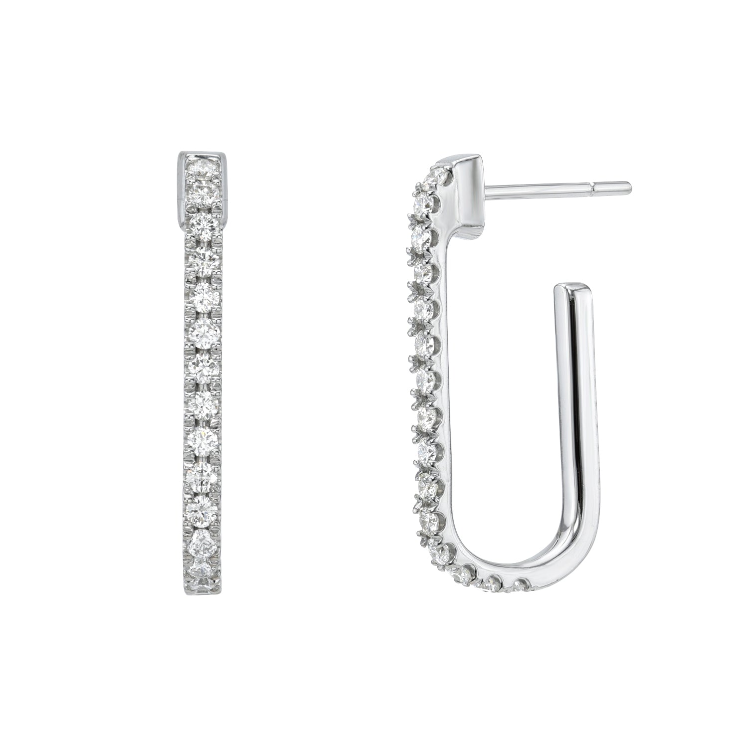 The Mini Diamond Alice Earrings—a pair of white gold hoops encrusted with small round diamonds—are displayed from front and side angles on a white background, showcasing the exquisite craftsmanship of Janet Heller Fine Jewelry.