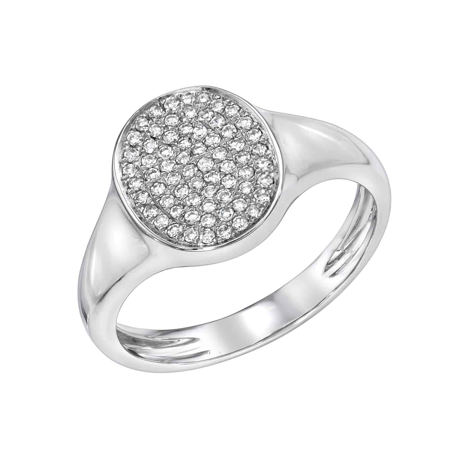 Introducing the Oval Diamond Signet Ring: a stunning silver ring featuring a wide oval top set with closely arranged, sparkling clear gemstones. Exemplifying the artistry of foundry jewelry, this exceptional piece is available in your custom ring size by special order.