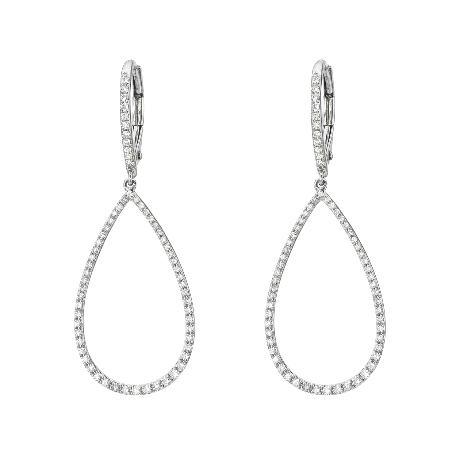 The Pave Diamond Open Pear Earrings are elegant silver teardrop earrings with sparkling white gemstones and a lever-back closure, featuring a smaller loop connected to a larger encrusted pear shape for unique customizations.