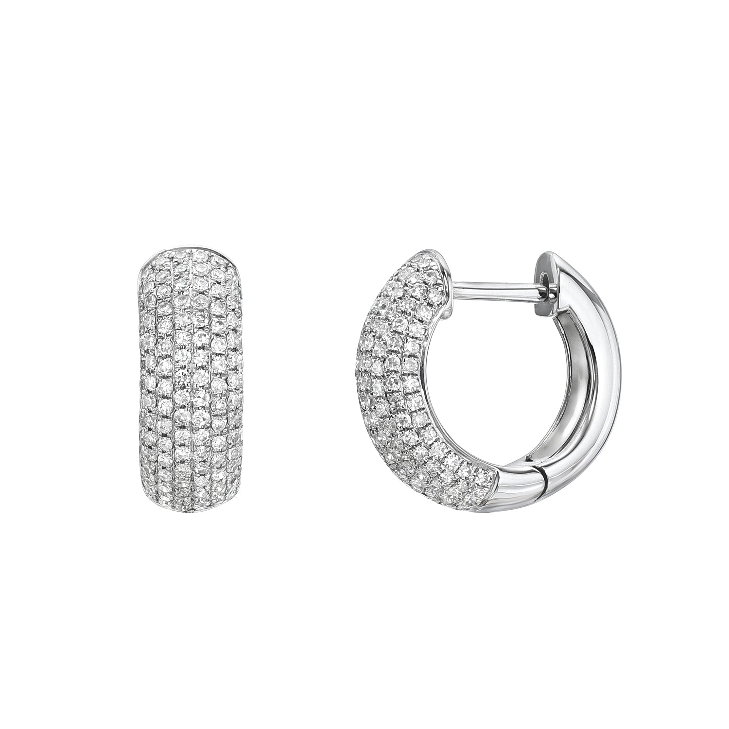 The Pave Diamond Tube Hoops feature two silver earrings adorned with sparkling diamonds. One earring highlights its circular shape from the side, while the front view showcases dazzling diamond rows. Ideal for jewelry inquiries or customizations.