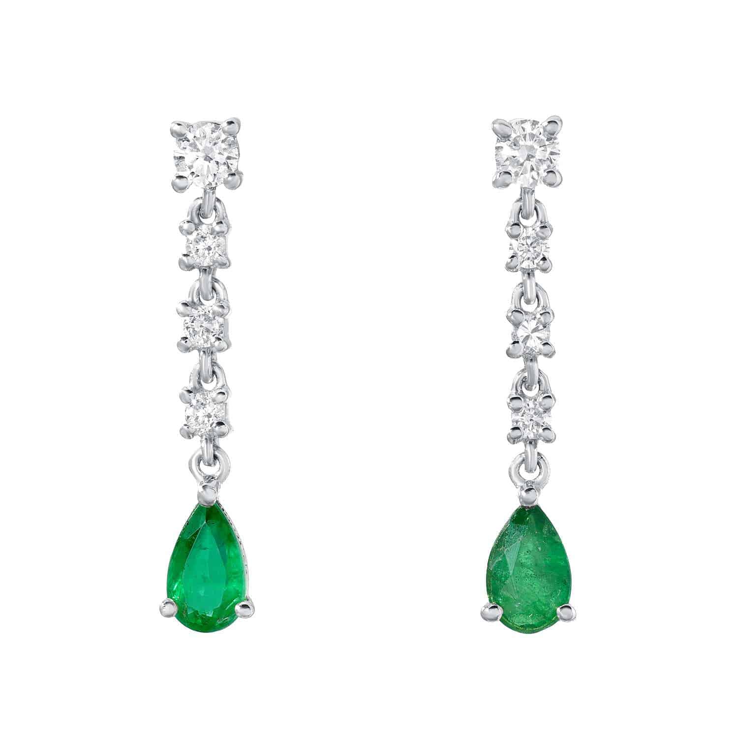 Presenting the Pear Emerald Drop Earrings: These elegant drop earrings feature three round white diamonds arranged vertically, culminating in a stunning pear-shaped green emerald set in silver. The symmetrical design beautifully highlights the craftsmanship of Janet Heller Fine Jewelry. For custom pieces or inquiries about this jewelry, please contact us to create your perfect piece. Price: $750.00.