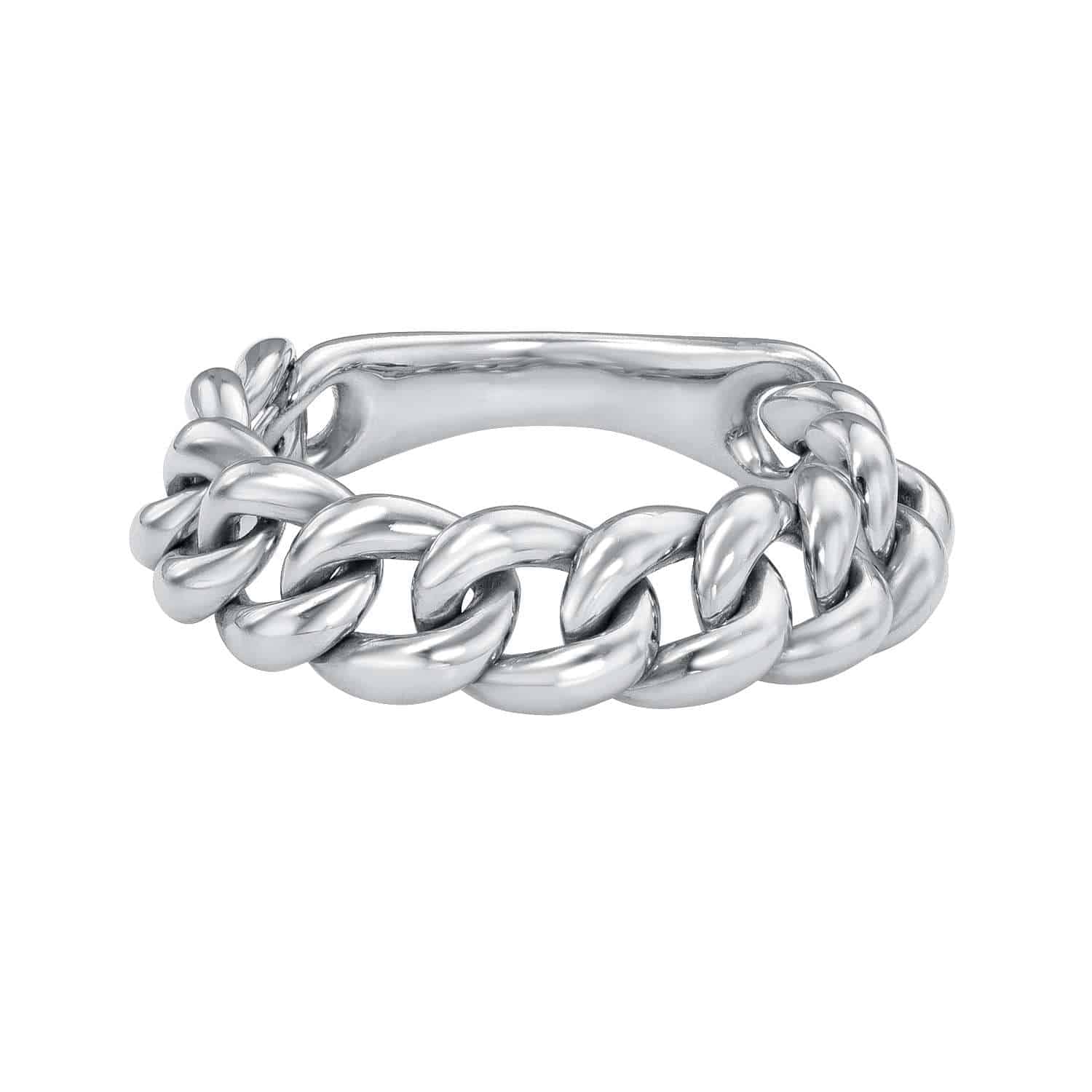 Introducing the Plain Small Cuban Link Ring—a silver ring showcasing a bold Cuban chain-link design, with rounded, interlocking links and a smooth, polished finish. Available for preorder as fine jewelry, this timeless piece is perfect for those seeking elegant style—even if your size isn’t currently offered.