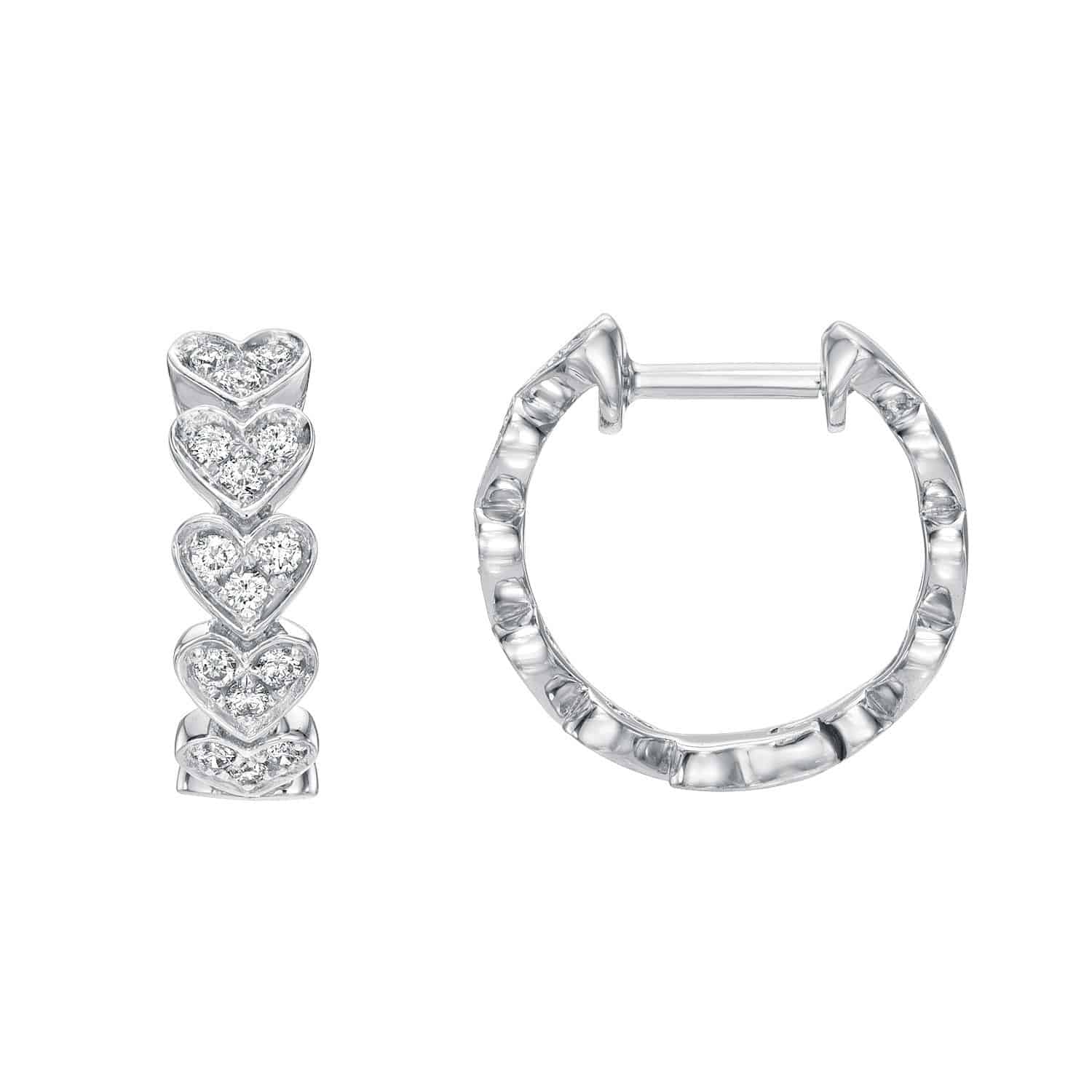 Rewritten Sentence: Introducing the Repeating Diamond Heart Huggies by Janet Heller Fine Jewelry (SKU: EAR-447-W, $738.00): one elegant silver hoop showcases five stacked heart shapes adorned with sparkling clear gemstones, while its pair features a plain, textured hoop with a secure latch-back closure. For jewelry inquiries or to explore custom pieces from Janet Heller Fine Jewelry, please contact us.