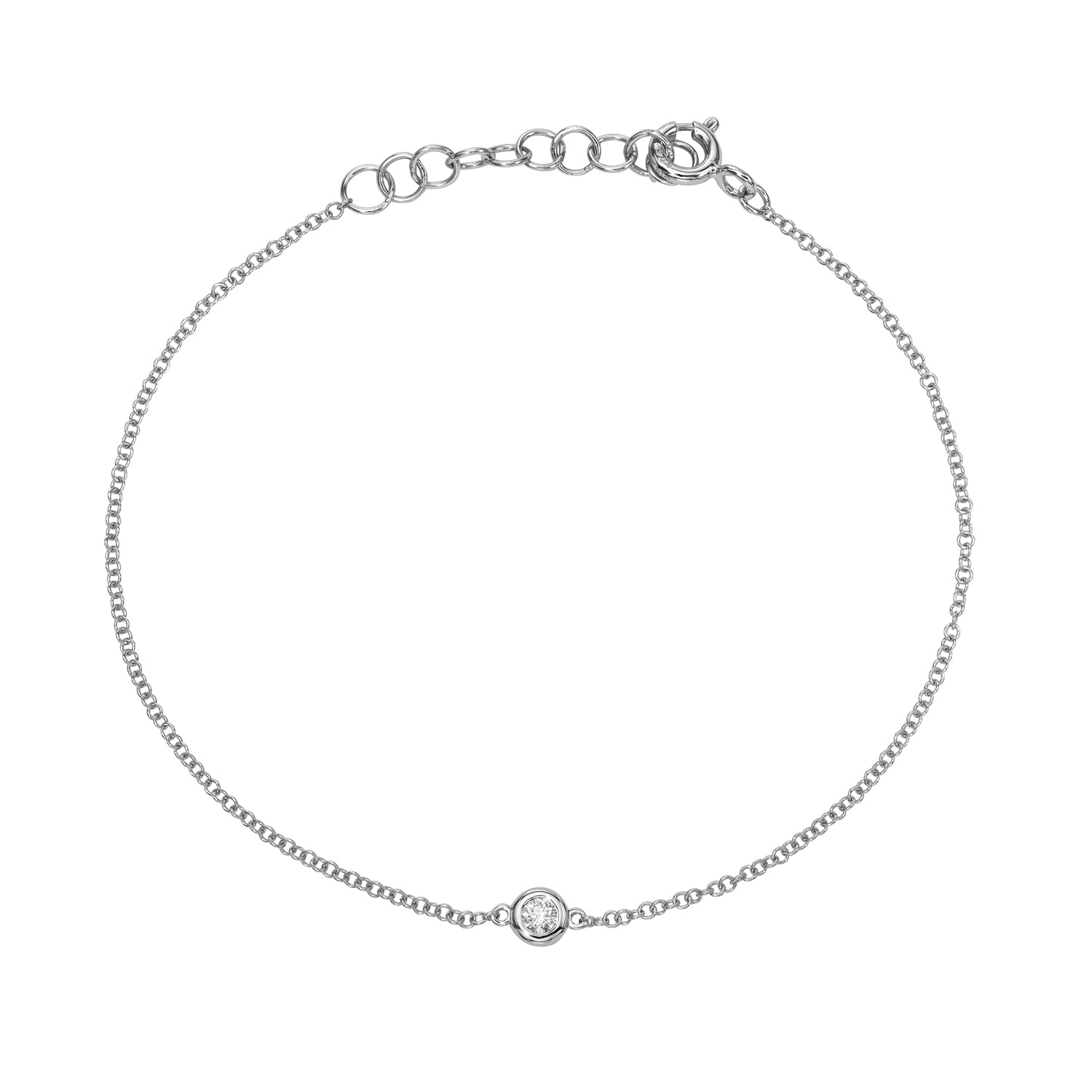 The Single Diamond Bezel Bracelet is an elegant piece of fine jewelry featuring a central small round diamond, crafted in silver. It offers a perfect fit with its adjustable clasp and multiple sizing loops.