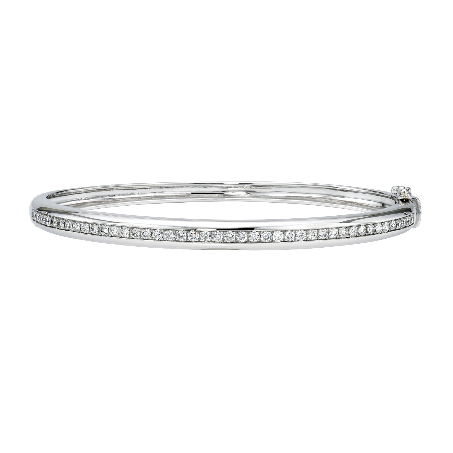The Single Row Diamond Dome Bangle by janethellerfinejewelry is a sleek silver bracelet featuring a single row of sparkling diamonds around the edge, with a polished finish and a subtle clasp. It offers customization options to match your personal style.