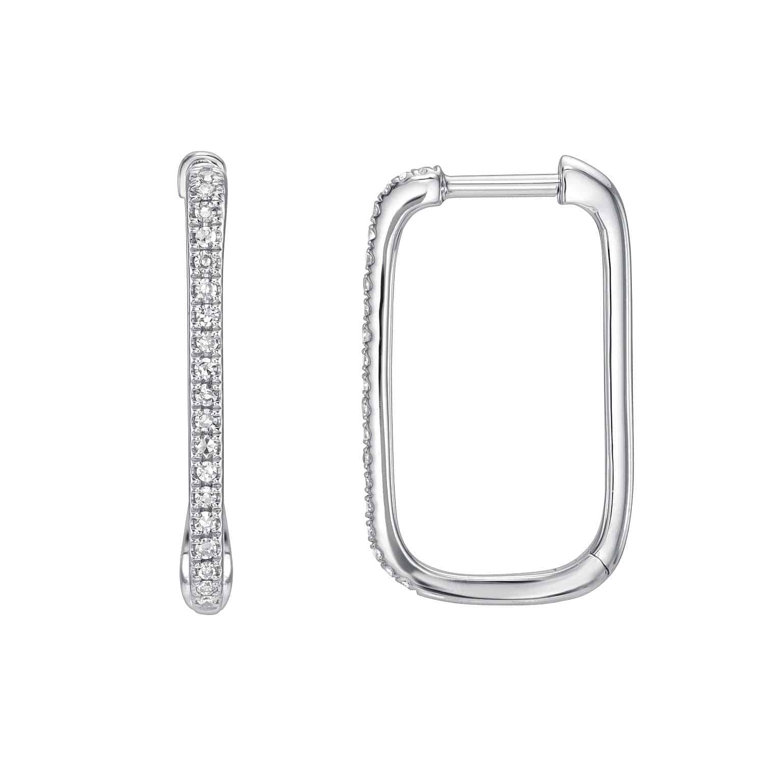 Two Single Row Rectangular Diamond Hoops from Janet Heller Fine Jewelry—one pictured from the front, featuring a row of glittering white diamonds, and the other shown from the side to emphasize its smooth, polished metal finish.