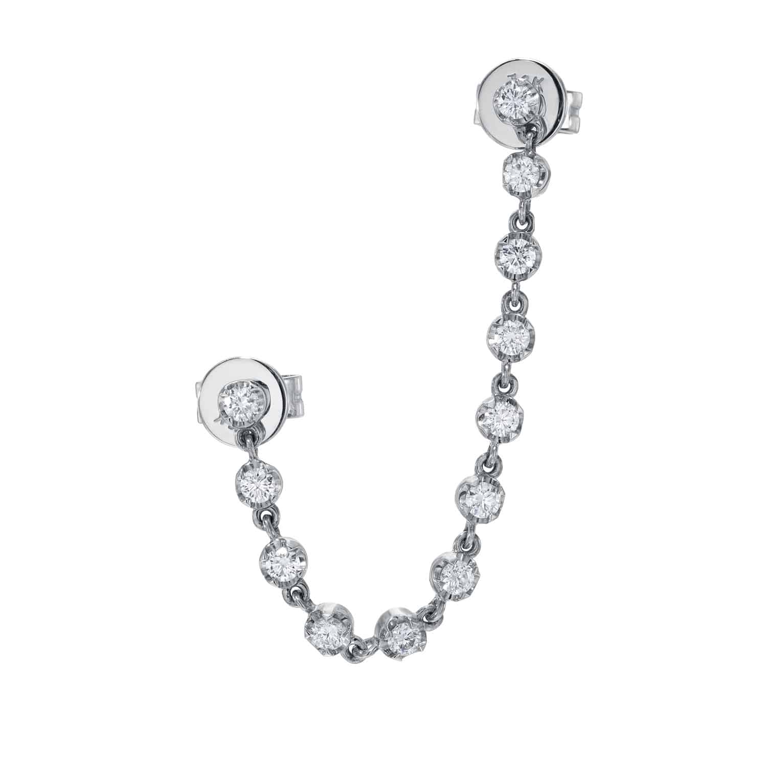 Introducing the "Two Hole 12 Diamond Esme Stud" by Janet Heller Fine Jewelry—a stunning double-stud earring crafted in silver, featuring a short chain adorned with twelve round, clear diamonds elegantly connecting both studs. Designed to be worn across two ear piercings. For custom jewelry requests or further inquiries, please contact us directly.