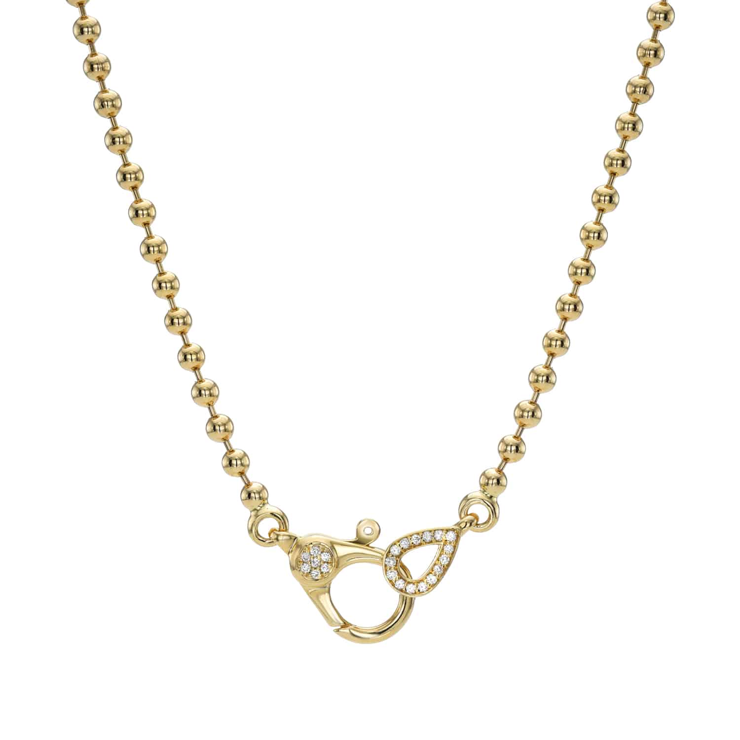 The 3mm Paris Chain from Janet Heller Fine Jewelry is crafted in 14KT gold. The necklace features a beaded chain with a diamond oval pendant and diamond clasp. It's the ideal necklace to showcase a Janet Heller Fine Jewelry charm.