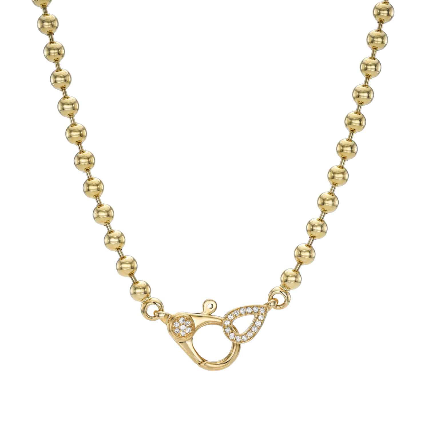 The 4mm Paris Chain by Janet Heller Fine Jewelry is a gold beaded necklace featuring a decorative clasp with teardrop and circular elements, all adorned with sparkling gemstones, complemented by a sleek chain for an elegant touch.