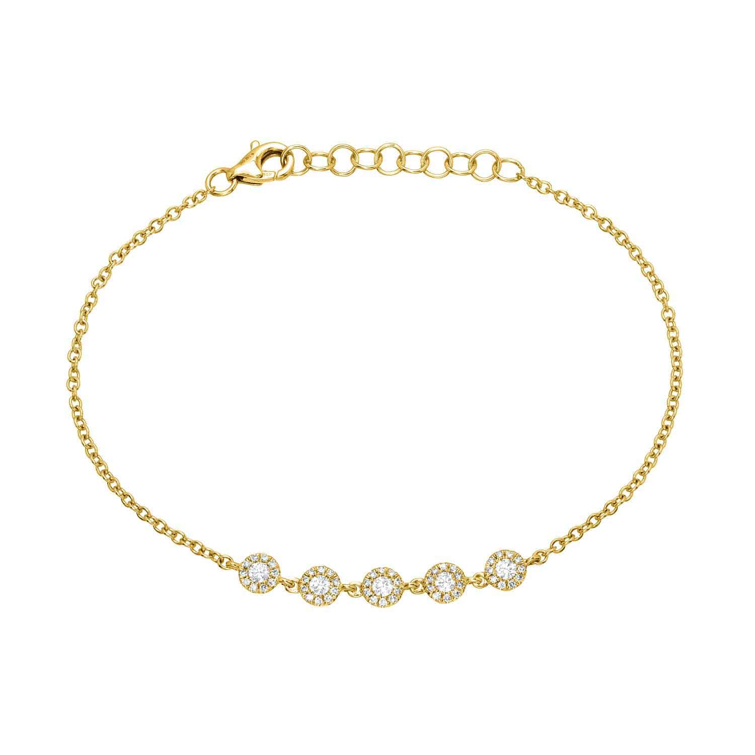 Delicate gold chain bracelet featuring five bezel-set diamonds at the center, secured with an adjustable clasp. The 5 Bezel Diamond Bracelet (BRA-155-Y) from Janet Heller Fine Jewelry is perfect for layering or wearing alone—an elegant piece ideal for gifting or treating yourself. For custom jewelry options or inquiries, please contact us directly. Priced at $733.00.