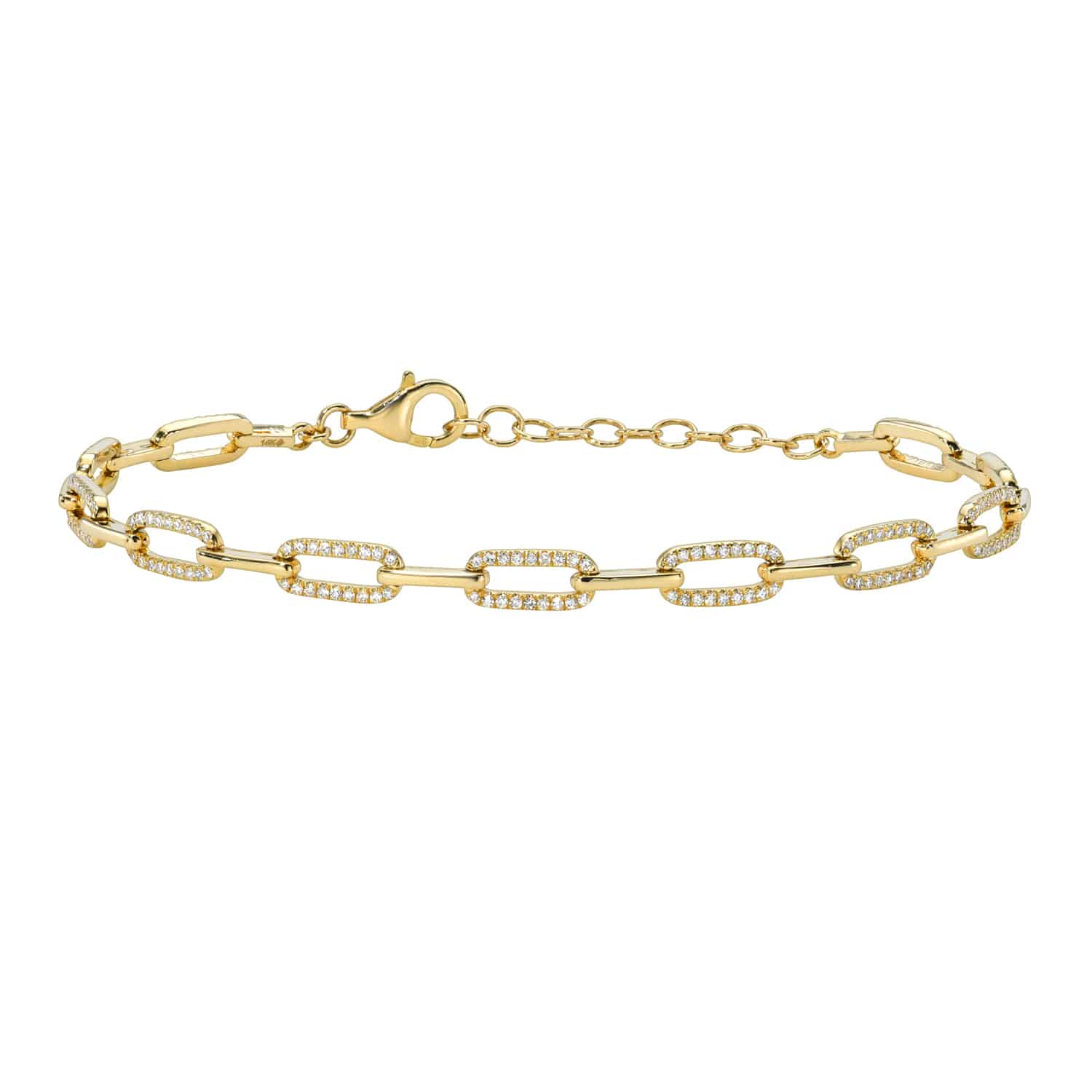 Alternating Oval Diamond Link Bracelet featuring gold oval links—some adorned with sparkling diamonds—and finished with a lobster clasp for adjustable length. For jewelry inquiries or custom designs, discover the distinctive craftsmanship of Janet Heller fine jewelry.