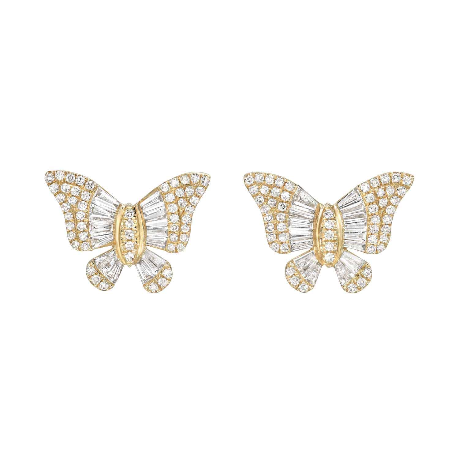 The Baguette Diamond Butterfly Studs feature intricate gold designs adorned with white gemstones, creating a sparkling effect. These fine jewelry earrings are symmetrical and elegant, with upward-facing butterflies. Customizations available to match your unique style.