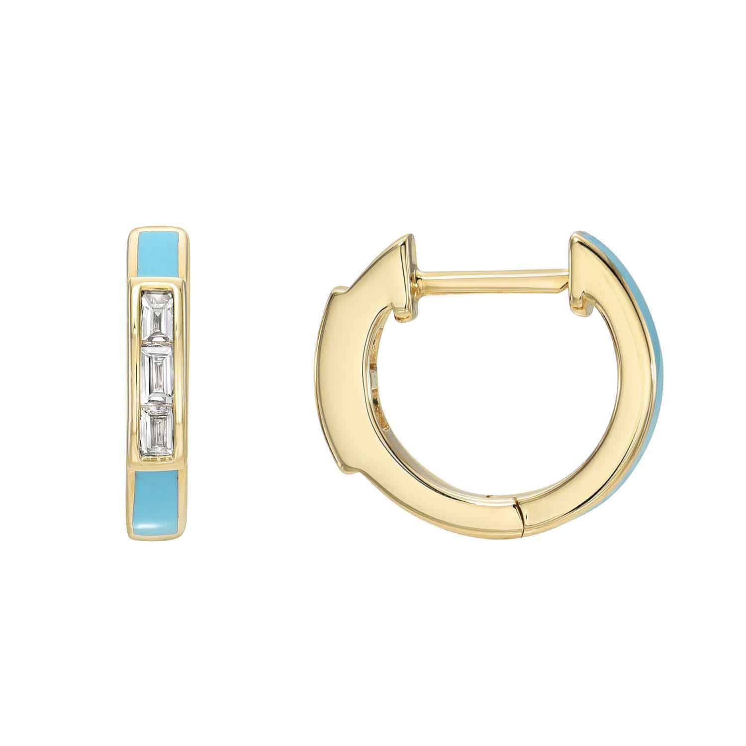 The Baguette Diamond Enamel Huggies present elegant jewelry options with gold hoop earrings featuring a light blue inlay. One earring is shown front-facing with three rectangular clear stones, while the other is displayed sideways to highlight the customizable design.