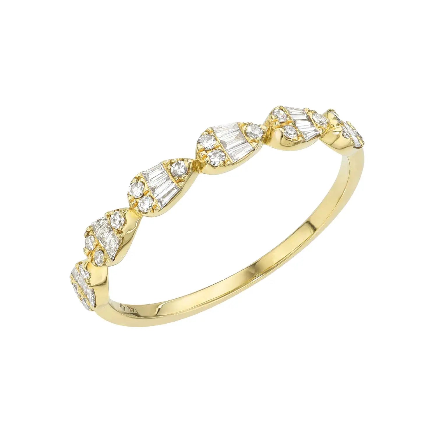 The Baguette Diamond Pear Shaped Ring is an exquisite piece of fine jewelry featuring diamond-shaped sections adorned with shimmering small diamonds. Its intricate, elegant design beautifully highlights the gemstones sparkle. Available for preorder now.