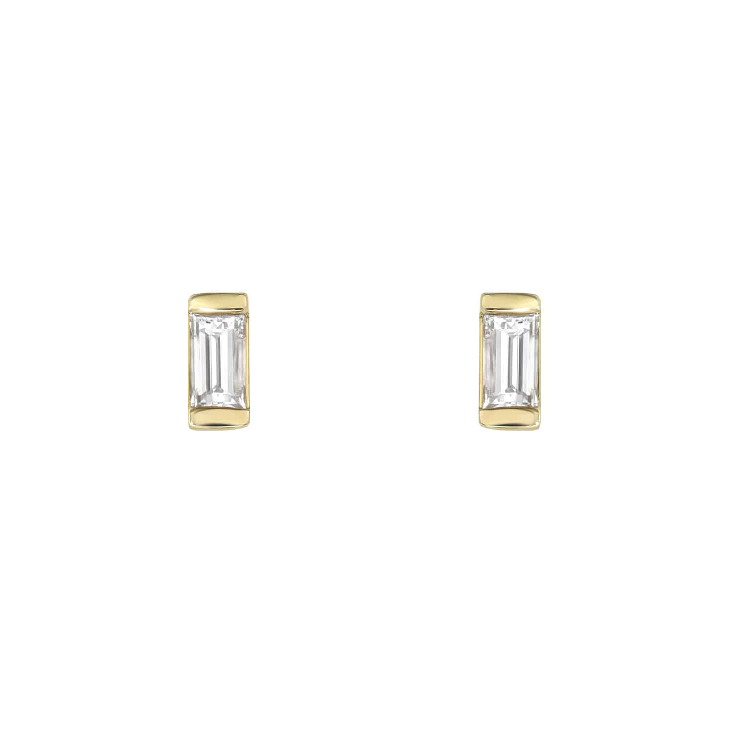 A pair of Baguette Diamond Rectangle Studs, set in yellow gold and displayed on a plain white background, exemplifies the timeless elegance of Janet Heller Fine Jewelry’s fine jewelry collection.
