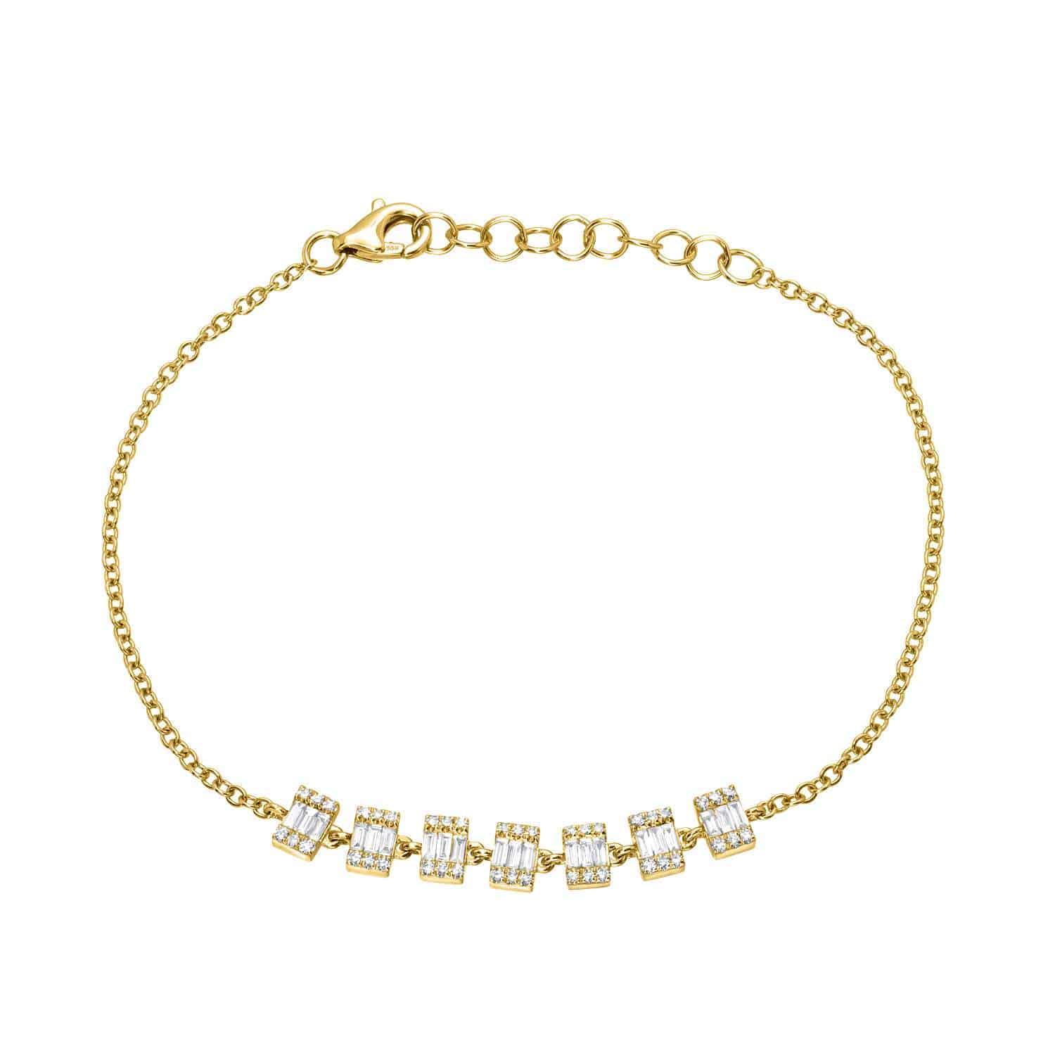 Baguette Diamond Rectangles Bracelet (SKU: BRA-115-Y)—a sophisticated gold chain bracelet featuring a row of eight rectangular segments set with sparkling, clear baguette diamonds at the center. Inspired by the artistry of Janet Heller, this fine jewelry piece seamlessly blends timeless elegance with modern flair and is designed to complement any ensemble. Price: $1,080.00.
