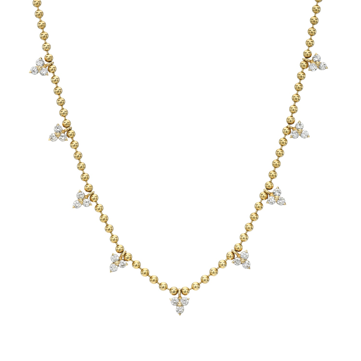 The Beaded Diamond Cluster Necklace from Janet Heller Fine Jewelry features gold beads and triad clusters of sparkling stones. Each cluster has three stones, enhancing the minimalistic design. Customizations available upon request. White background.