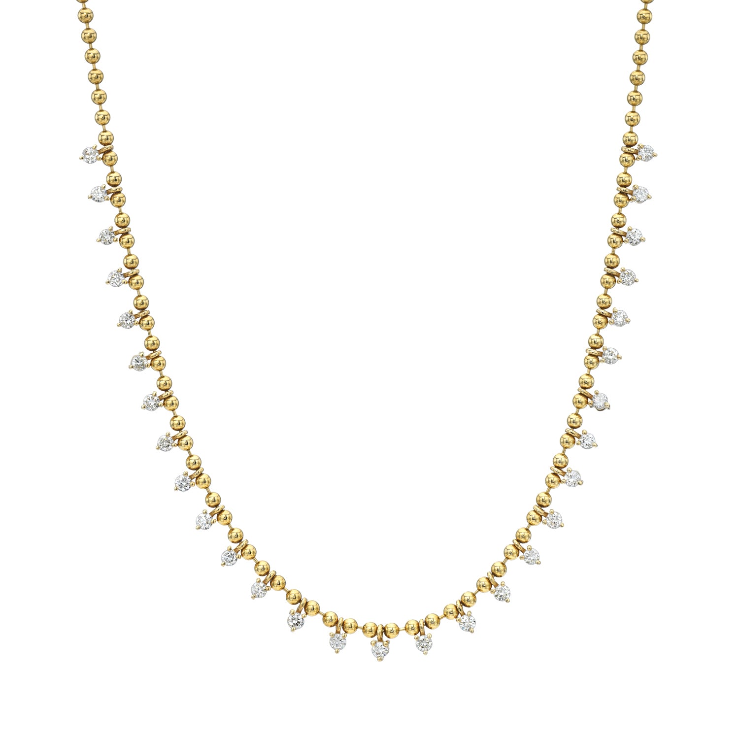 The Beaded Diamond Collar Necklace from janethellerfinejewelry showcases small round beads and teardrop-shaped diamond-like pendants against a white background, offering an elegant touch. This exquisite piece, ideal as fine jewelry, can be customized to fit personal preferences.