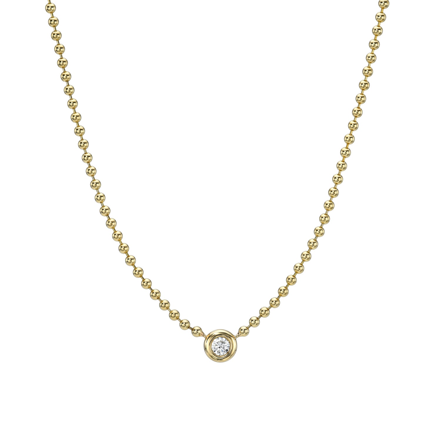 Explore the elegance of the Beaded Single Diamond Bezel Necklace by JanetHeller, featuring a gold beaded chain with a central round diamond in a classic bezel setting.