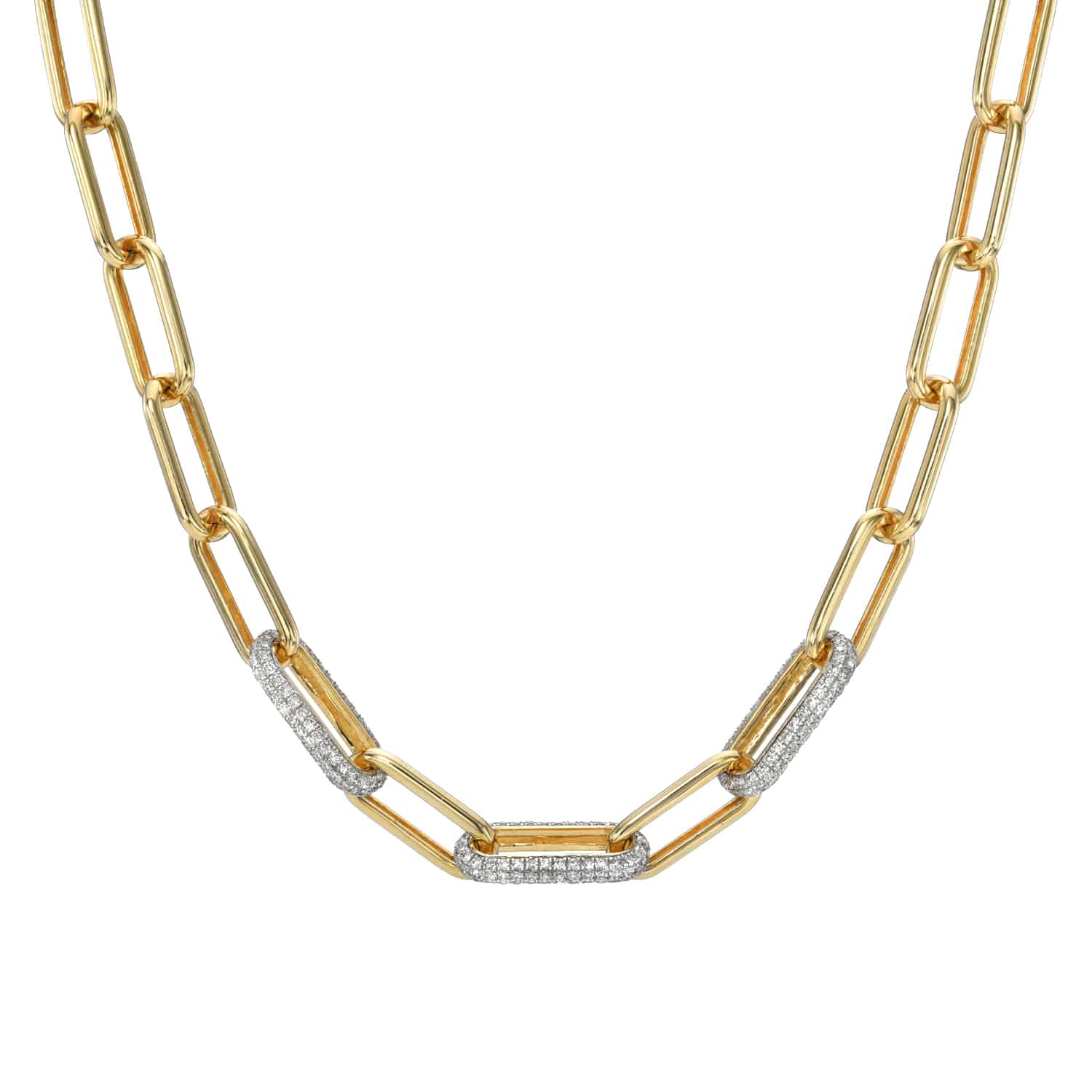 Discover the Chain Link Diamond Eliza Necklace by Janet Heller Fine Jewelry, featuring gold rectangular links with symmetrically placed diamonds. The alternating diamond-studded links add elegance against a pristine white background.