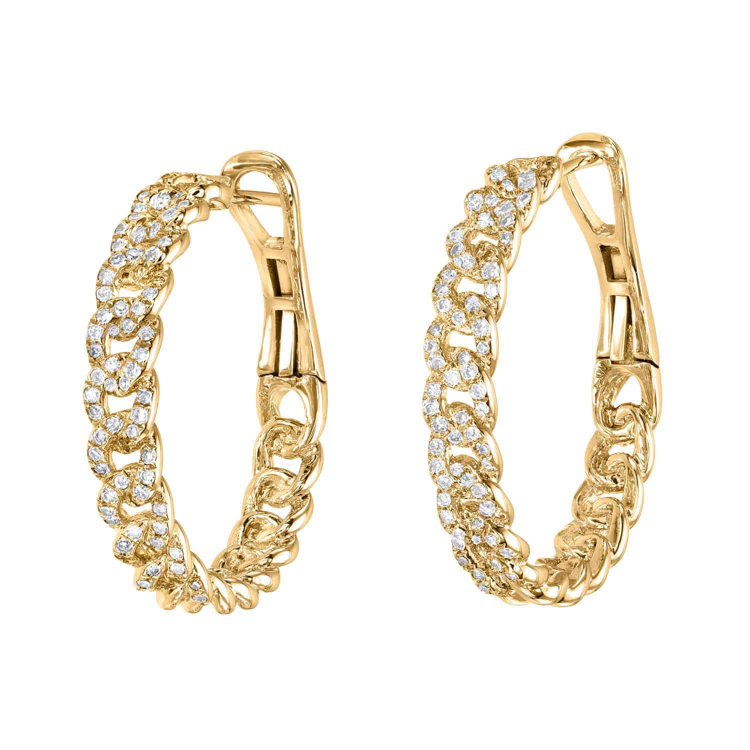 The Chain Link Easton Hoops from Janet Heller Fine Jewelry are crafted in 14KT gold. The earrings feature a chain-link design adorned with pave diamonds. The hoops can be worn on their own or along the ear with other earrings.