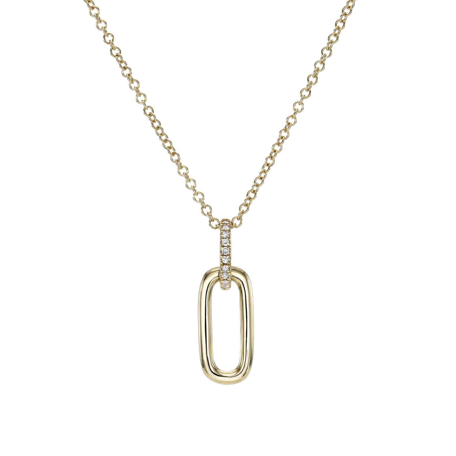 The Charm Holder Greta Necklace from JanetHellerFineJewelry is a gold chain necklace with an elongated oval pendant featuring a sparkling stone segment. Its simple and elegant design, set against a plain white background, makes it ideal for anyone seeking subtle customizations to their jewelry collection.