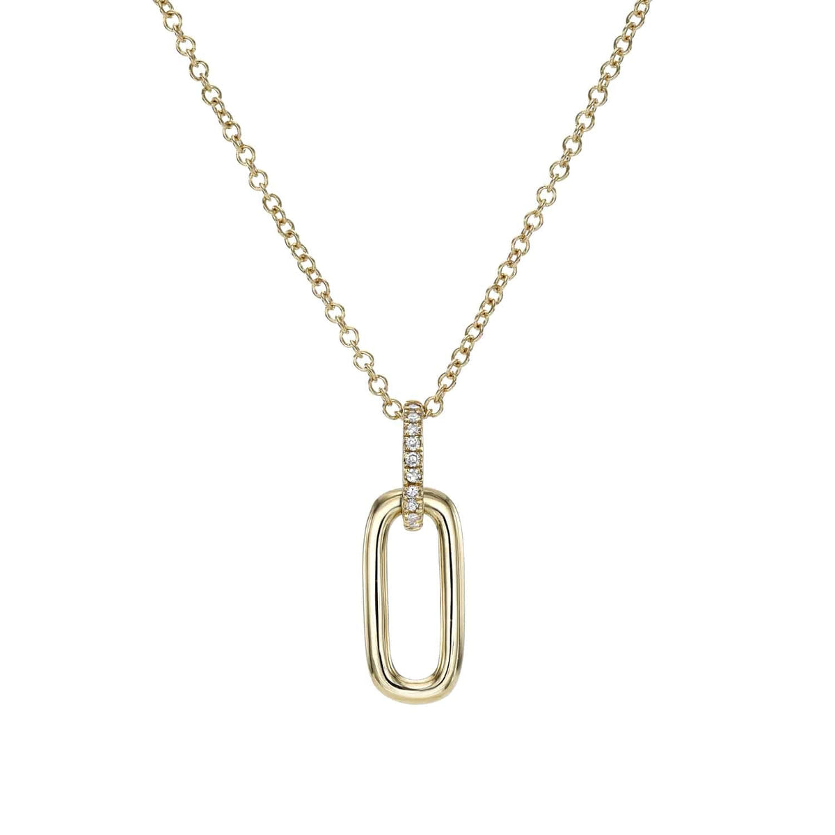 The Charm Holder Greta Necklace from Janet Heller Fine Jewelry is crafted in 14KT gold. The necklace showcases a delicate chain with an elongated oval pendant and a diamond bail. The necklace can be worn alone or layered with other chains.