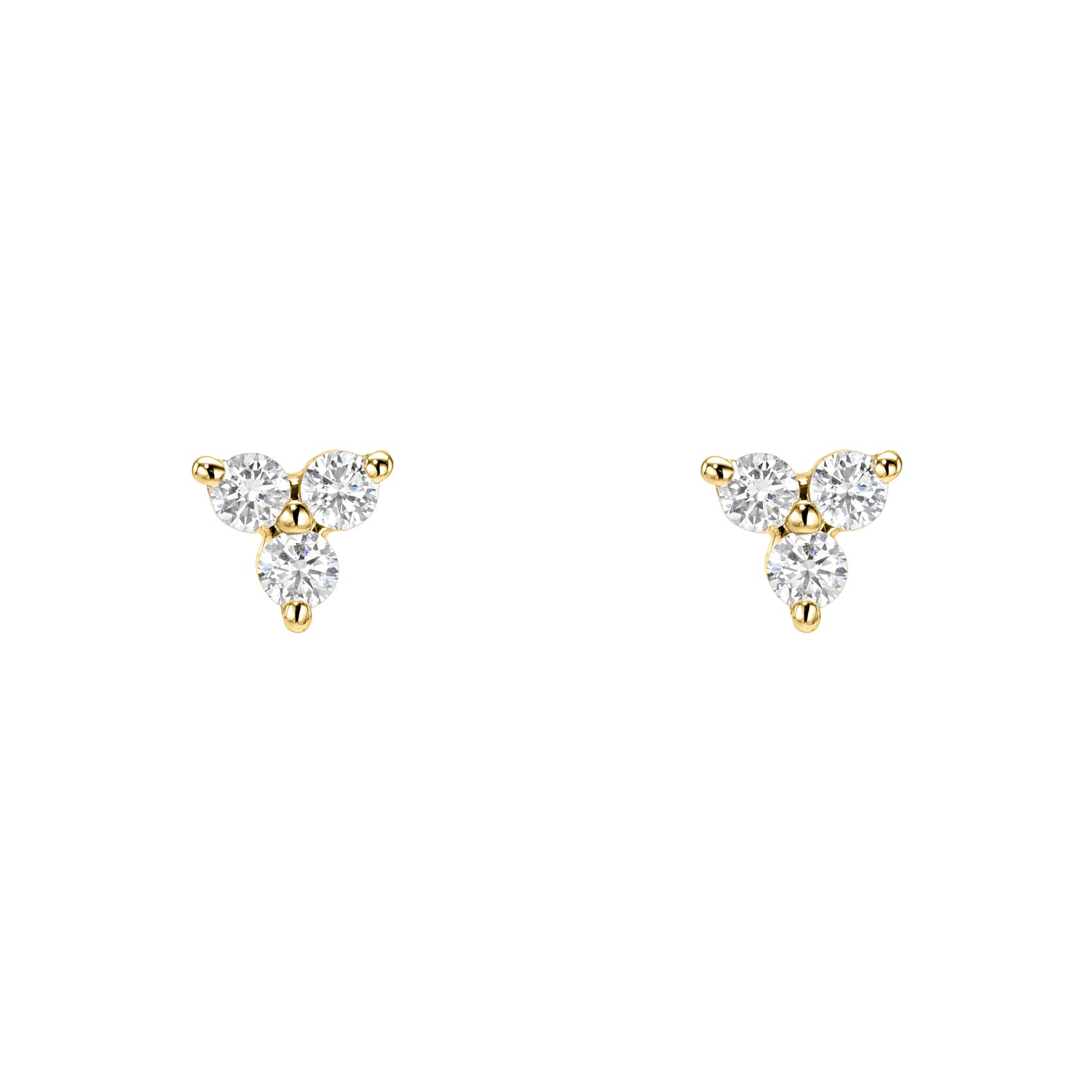 Cluster Diamond Trio Studs from Janet Heller Fine Jewelry feature three round, clear gemstones arranged in a triangular cluster against a white background.