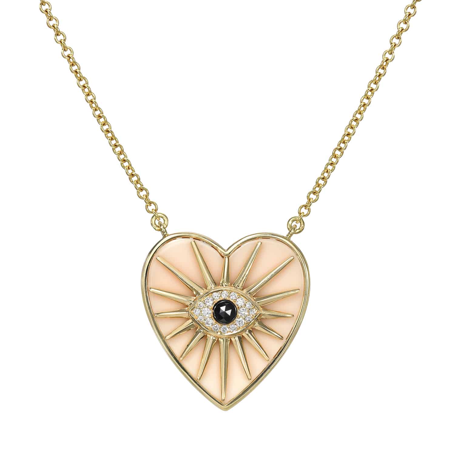 The Cacholong Heart Burst Necklace is an exquisite gold piece featuring a heart-shaped pendant with a striking black and white eye design, sun-like rays, and a peach background, offering unique personal customizations.