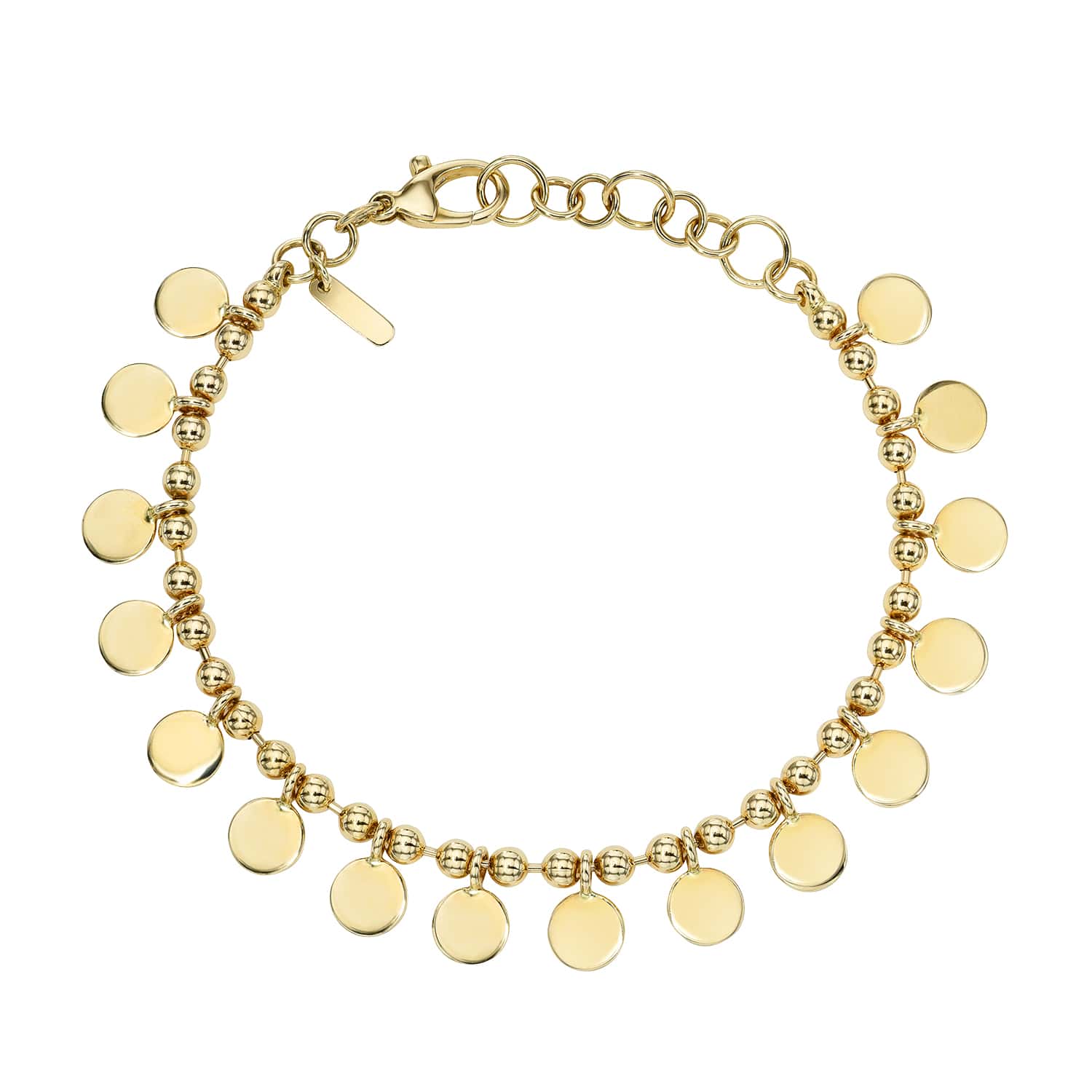 The Coin Bracelet is a gold anklet embellished with round charms and small beads on a delicate chain. It includes an adjustable clasp with multiple loops for a customizable fit. The piece is beautifully presented on a white background.