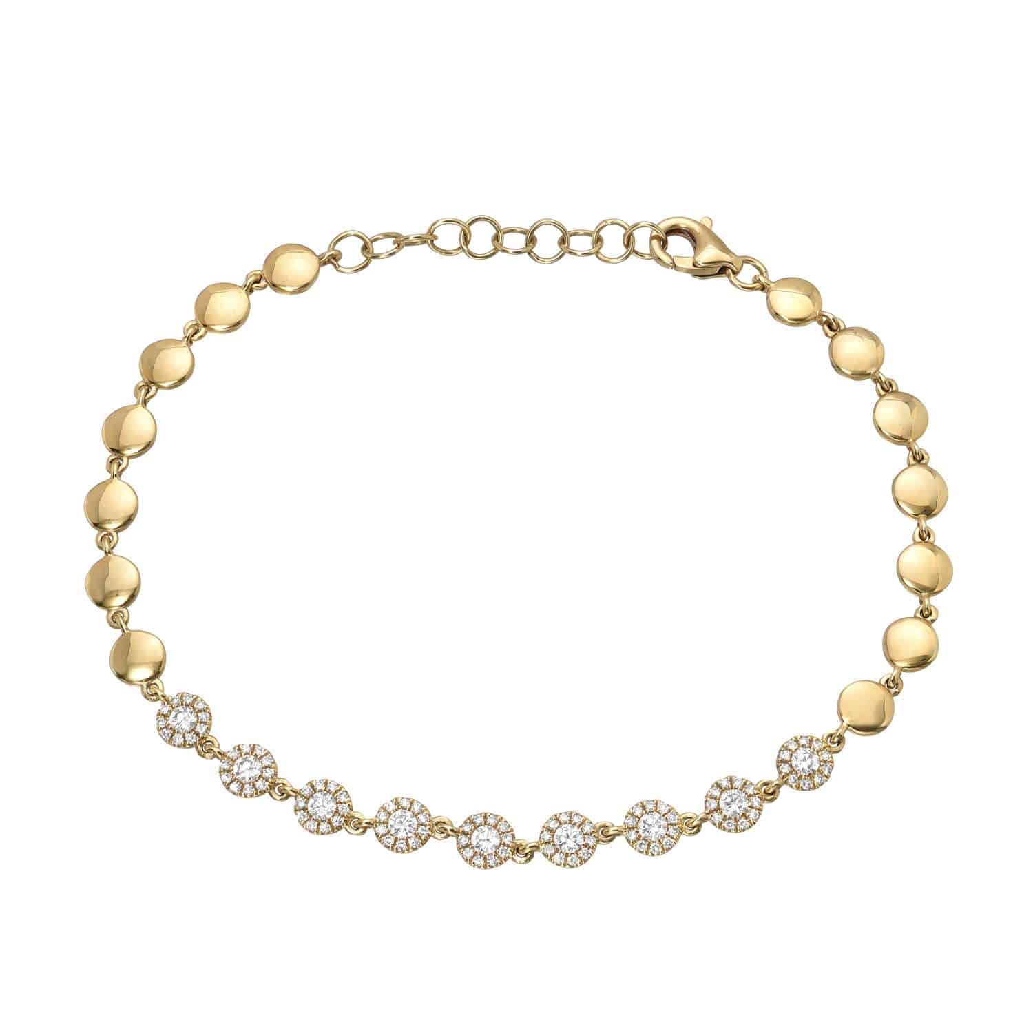 Introducing the Diamond Annabel Bracelet from Janet Heller Fine Jewelry—a delicate gold bracelet featuring round gold links and a section adorned with small, floral-shaped clusters encrusted with sparkling white stones. Finished with a secure lobster clasp closure, this exquisite piece beautifully exemplifies the art of fine jewelry craftsmanship. Product SKU: BRA-141-Y | Price: $1,485.00.